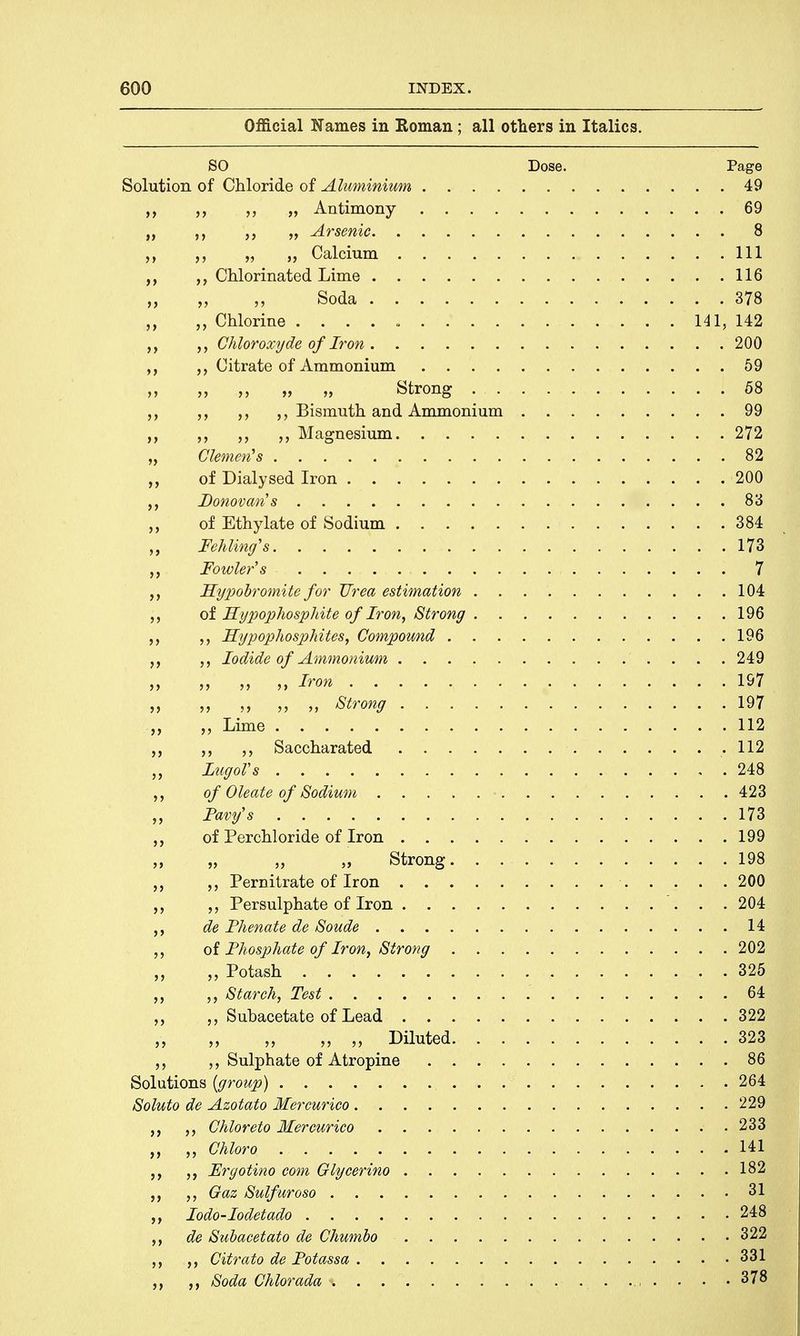 Official Names in Roman; all others in Italics. SO Dose. Page Solution of Chloride of Aluminium 49 „ „ Antimony 69 „ Arsenic 8 „ „ „ Calcium Ill ,, „ Chlorinated Lime 116 „ „ „ Soda 378 ,, „ Chlorine 141, 142 Chloroxyde of Iron 200 ,, Citrate of Ammonium 59 ,, „ „ Strong 58 „ Bismuth and Ammonium 99 „ „ „ Magnesium 272 „ Clemen's 82 „ of Dialysed Iron 200 Donovan's .0. . . . 83ji ,, of Ethylate of Sodium 384 Fehling's 173 Fowler's 7 Hypobromite for Urea estimation 104 „ of Hi/pophospkite of Iron, Strong 196 „ ,, Hypophosphites, Compound 196 „ Iodide of Ammonium 249 „ „ „ „ Iron 197 „ Strong 197 „ Lime 112 „ „ Saccharated . 112 „ LugoVs 248 „ of Oleate of Sodium 423 Pavy's 173 „ of Perchloride of Iron 199 „ „ „ „ Strong 198 „ Pernitrate of Iron 200 „ Persulphate of Iron 204 de Fhenate de Soude 14 „ of Phosphate of Iron, Strong 202 „ Potash 325 „ „ Starch, Test 64 „ Suhacetate of Lead 322 „ „ „ „ „ Diluted 323 „ Sulphate of Atropine 86 Solutions {group) 264 Soluto de Azotato Mercurico 229 „ Chloreto Mercurico 233 „ „ Chloro 141 „ „ Ergotino com Glycerino 182 „ Gaz Sulfuroso 31 lodo-Iodetado 248 de Subacetato de Chumbo 322 Citrato de Potassa 331 Soda Chlorada 378