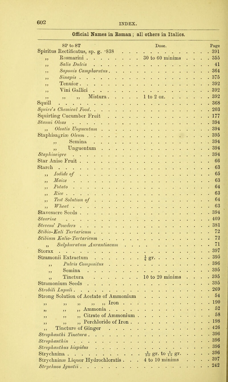 Official Names in Roman ; all others in Italics. SPtoST ' Dose. Page Spiritus Eectificatus, sp. g. *838 391 Rosmarini 30 to 60 minims .... 355 Salts Dulcis 41 Saponis Camphor'atus 364 Sinapis 375 „ Tenuior. 392 ViniGallici 392 „ Mistura 1 to 2 oz 392 Squill 368 Squire s Chemical Food 203 Squirting Cucumber Fruit 177 Stanni Oleas 394 „ Oleatis JJngucntum 394 Staphisagrige Oleum 395 „ Semina 394 „ Unguentum 394 Staphisaigre 394 Star Anise Fruit 66 Starch 63 Iodide of 65 „ Maize 63 Potato 64 ,, Rice 63 Test Solution of 64 Wheat 63 Stavesacre Seeds 394 Stearine 409 Stevens' Rowders 381 Stibio-Kali Tartaricum 72 Stibium Kalio-Tartaricum 72 Sulphuratum Aurantiacum .... 71 Storax 397 Stramonii Extractum \ gr 395 Rulvis Compositus 396 ,, bemina 395 „ Tinctura 10 to 20 minims . . . .395 Stramonium Seeds 395 Sirobili Lupuli. . , 269 Strong Solution of Acetate of Ammonium 54 „ „ Iron 190 „ Ammonia 52 ,, „ Citrate of Ammonium 58 „ „ Per chloride of Iron 198 Tincture of Ginger 426 Strophanthi Tinctura 396 Strop hanthin 396 Strophanthus hispidus 396 Strychnina ^ gr. to ^ gr 396 Strychninse Liquor Hydrochloratis . . . 4 to 10 minims .... 397 Strychnos Ignatii 242