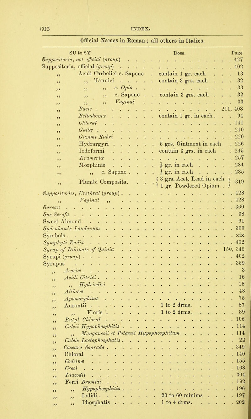 Official Names in Roman; all others in Italics. SU to SY Dose. Page Suppositoria, not official {group) 427 Suppositoria, official (group) 402 Acidi Carbolici c. Sapone . contain 1 gr. each ... 13 Tannici contain 3 grs. each ... 32 ,, ,, c. Opto 33 ,, ,, c. Sapone . . contain 3 grs. each ... 32 ,, ,, Vaginal 33 ,, Basis 211, 408 ,, Belladonna contain 1 gr. in each ... 94 Chloral 141 G allot 210 Gummi JRubri 220 Hydrargyri 5 grs. Ointment in each . 226 ,, Iodoformi contain 3 grs. in each . . 245 „ Krameria 257 Morphinse | gr. in each 284 c. Sapone . . . . \ gr. in each 285 Plumbi Composita. ..'.{? ^-^et Lead in each J 3ig \ 1 gr. Powdered Opium . ; Suppositories, Urethral (group) 428 Vaginal ,, , 428 Sareau 360 Sus Scrofa 38 Sweet Almond 61 Sydenham's Laudanum 300 Symbols xix Symphyti Radix . . . . - . . 402 Syrup of Bikinate of Quinia 150,346 Syrupi (group) 402 Syrupus 359 „ Acacia 3 Acidi Citrici 16 Hydriodici . . . . 18 ,, Althceat , 48 Apomorphince 75 „ Aurantii . . - 1 to 2 drms 87 „ Floris ' 1 to 2 drms 89 Butyl Chloral 106 Calcii Hypophospthitis 114 „ ,, Manganesii et Potassii Hypophosphitum 114 ,, Calais Lactophosphatis 22 „ Cascara Sagrada 349 „ Chloral 140 „ Codeince 155 ,, Croci 168 ,, Biacodii 30fl ,, Ferri Bromidi 192 Hypophosphitis 196 ,, Iodidi 20 to 60 minims .... 197