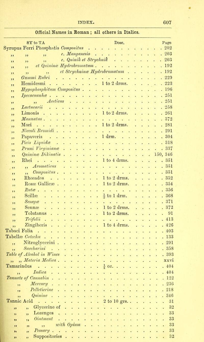 Official Names in Roman ; all others in Italics. SY to TA Dose. Page Syrupus Ferri Phosphatis Compositus 202 c. Manganesio 203 ,, c. Quinia et Strychnia 203 et Quinina} Hydrobromatum 192 et Strychnines Hydrobromatum 192 Gummi Rubri 229 ,, Hemidesmi 1 to 2 drms 223 Hypophosphitum Compositus . 196 ,, Ipecacuanha} 251 Aceticus 251 Lactuccirii 258 „ Limonis 1 to 2 drms 261 Memnatus 372 Mori 1 to 2 drms 281 ,, Niccoli Bromidi 291 Papaveris 1 drm 304 Picis Liquids 318 Pruni Virginianee 337 ,, Quinines Dikinatis 150, 346 Rhei 1 to 4 drms 351 Aromaticus 351 Compositus 351 ,, Rhoeados 1 to 2 drms 352 ,, Rosse Gallica? 1 to 2 drms 354 Rutee 356 Scillse | to 1 drm 368 ,, Senegee 371 ,, Senna? 1 to 2 drms 372 Tolutanus 1 to 2 drms 91 ,, Trifolii 413 Zingiberis 1 to 4 drms 426 Tabaci Folia 403 Tabellse Catechu 133 ,, Nitroglycerin! 291 ,, Saccharini 358 Table of Alcohol in Wines 393 Materia Medica xxvi Tamarindus J oz 404 Indica 404 Tannate of Cannabin 122 ,, Mercury 236 Pelletierine 218 ,, Quinine 346 Tannic Acid 2 to 10 grs 31 „ Glycerine of 32 „ Lozenges 33 ,, Ointment 33 „ with Opium 33 ,, Pessary 33 ,. Suppositories 32
