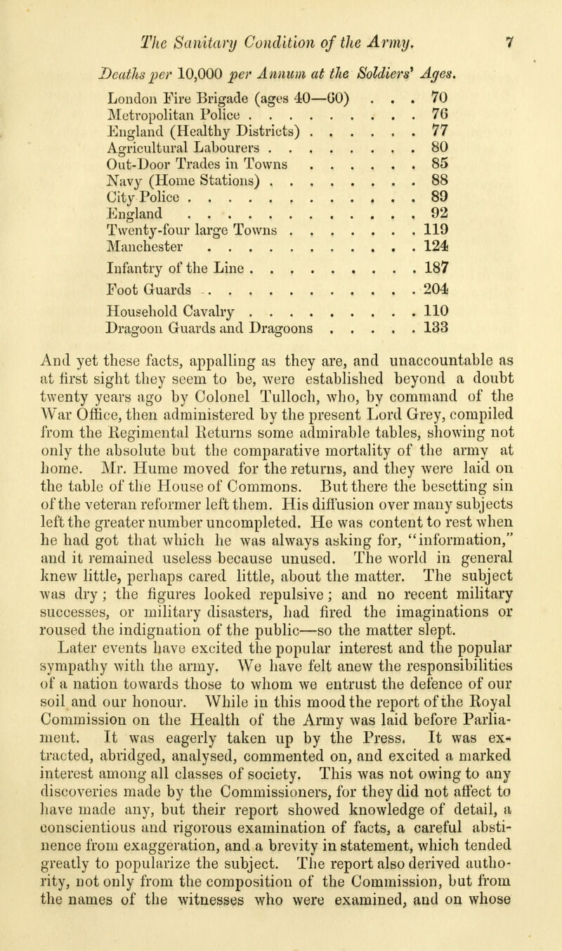 Deaths per 10,000 per Annum at the Soldiers' Ages. London Fire Brigade (ages 40—GO) ... 70 Metropolitan Police 76 England (Healthy Districts) 77 Agricultural Labourers 80 Out-Door Trades in Towns 85 Navy (Home Stations) 88 City Police 89 England 92 Twenty-four large Towns 119 Manchester . 124 Infantry of the Line 187 Foot Guards - 204 Household Cavalry 110 Dragoon Guards and Dragoons 133 And yet these facts, appalling as they are, and unaccountable as at first sight they seem to be, were established beyond a doubt twenty years ago by Colonel Tulloch, who, by command of the War Office, then administered by the present Lord Grey, compiled from the Regimental Returns some admirable tables, showing not only the absolute but the comparative mortality of the army at home. Mr. Hume moved for the returns, and they were laid on the table of the House of Commons. But there the besetting sin of the veteran reformer left them. His diffusion over many subjects left the greater number uncompleted. He was content to rest when he had got that which he was always asking for, information, and it remained useless because unused. The world in general knew little, perhaps cared little, about the matter. The subject was dry; the figures looked repulsive; and no recent military successes, or military disasters, had fired the imaginations or roused the indignation of the public—so the matter slept. Later events have excited the popular interest and the popular sympathy with the army. We have felt anew the responsibilities of a nation towards those to whom we entrust the defence of our soil and our honour. While in this mood the report of the Royal Commission on the Health of the Army was laid before Parlia- ment. It was eagerly taken up by the Press, It was ex* tracted, abridged, analysed, commented on, and excited a marked interest among all classes of society. This was not owing to any discoveries made by the Commissioners, for they did not affect to have made any, but their report showed knowledge of detail, a conscientious and rigorous examination of facts, a careful absti- nence from exaggeration, and a brevity in statement, which tended greatly to popularize the subject. The report also derived autho- rity, not only from the composition of the Commission, but from the names of the witnesses who were examined, and on whose