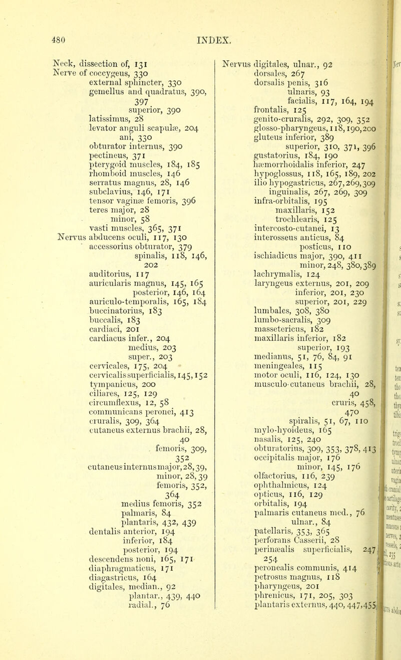 Neck, dissection of, 131 Nerve of coccygeus, 330 external sphincter, 330 gemellus and quadratus, 390, 397 superior, 390 latissimus, 28 levator anguli scapulte, 204 ani, 330 obturator internus, 390 pectineus, 371 pterygoid muscles, 184, 185 rhomboid muscles, 146 serratus magnus, 28, 146 subclavius, 146, 171 tensor vaginfie femoris, 396 teres major, 28 minor, 58 vasti muscles, 365, 371 Nervus abducens oculi, 117, 130 accessorius obturator, 379 spinalis, 118, 146, 202 auditorius, 117 auricularis magnus, 145, 165 posterior, 146, 164 auriculo-temporalis, 165, 184 buccinatorius, 183 buccalis, 183 cardiaci, 201 cardiacus infer., 204 niedius, 203 super., 203 cervicales, 175, 204 cervicalis superficialis, 145,152 tympanicus, 200 ciliares, 125, 129 circumflexus, 12, 58 communicans peronei, 413 cruralis, 309, 364 cutaneus externus brachii, 28, 40 femoris, 309, 352 cutaneus internus maj or, 28,39, minor, 28, 39 femoris, 352, 364 medius femoris, 352 palmaris, 84 plantaris, 432, 439 dentalis anterior, 194 inferior, 184 posterior, 194 descendens noni, 165, 171 diaphragmaticus, 171 diagastricus, 164 digitales, median., 92 plantar., 439, 440 radial,, 76 Nervus digitales, ulnar., 92 dorsales, 267 dorsalis penis, 316 idnaris, 93 facialis, 117, 164, 194 frontalis, 125 genito-cruralis, 292, 309, 352 glosso-pharyngeus, 118,190,200 gluteus inferior, 389 superior, 310, 371, 396 gustatorius, 184, 190 hwmorrhoidalis inferior, 247 hypoglossus, 118, 165, 189, 202 ilio hypogastricus, 267,269,309 inguinalis, 267, 269, 309 infra-orbitalis, 195 maxillaris, 152 trochlearis, 125 intercosto-cutanei, 13 interosseus anticus, 84 posticus, no iscliiadicus major, 390, 411 minor, 248, 380,389 lachrymalis, 124 laryngeus externus, 201, 209 inferior, 201, 230 superior, 201, 229 lumbales, 308, 380 lumbo-sacralis, 309 massetericus, 182 maxillaris inferior, 182 superior, 193 medianus, 51, 76, 84, 91 meningeales, 115 motor oculi, 116, 124, 130 musculo-cutaneus brachii, 28 40 cruris, 458, 470 spiralis, 51, 67, no mylo-hyoideus, 165 nasalis, 125, 240 obturatorius, 309, 353, 378, 41 occipitalis major, 176 minor, 145, 176 olfactorius, 116, 239 ophthalmicus, 124 opticus, 116, 129 orbitalis, 194 palmaris cxitaneus med., 76 ulnar., 84 patellaris, 353, 365 perforans Casserii, 28 joerinsealis sujierlicialis, 247 254 peronealis communis, 414 petrosus magnus, 118 ])haryngeus, 201 phrenicus, 171, 205, 303 plantaris externus, 440, 447,4S5| ^^^^ 1 cranial wlilagf taisarte