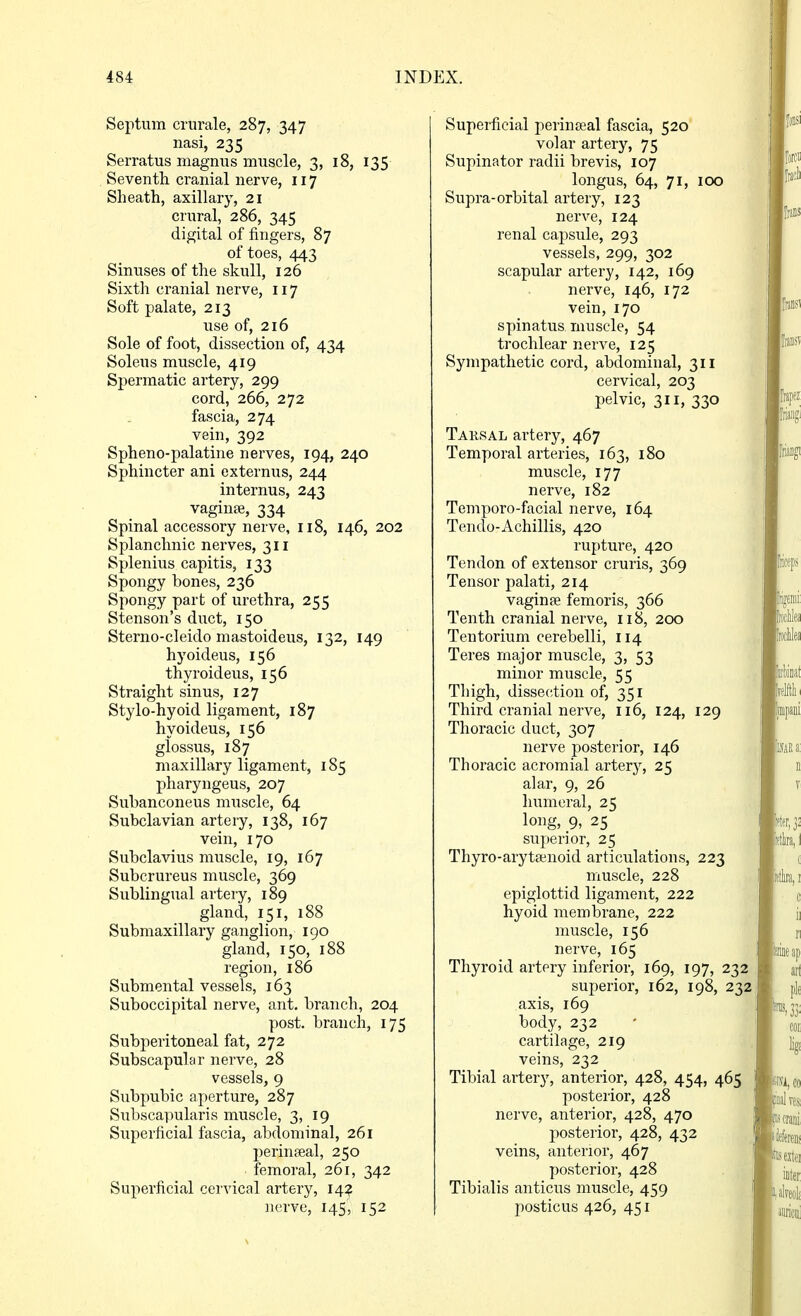 Septum crurale, 287, 347 nasi, 235 Serratus magnus muscle, 3, 18, 135 Seventh cranial nerve, 117 Sheath, axillary, 21 crural, 286, 345 digital of fingers, 87 of toes, 443 Sinuses of the skull, 126 Sixth cranial nerve, 117 Soft palate, 213 use of, 216 Sole of foot, dissection of, 434 Soleus muscle, 419 Spermatic artery, 299 cord, 266, 272 fascia, 274 vein, 392 Spheno-palatine nerves, 194, 240 Sphincter ani externus, 244 internus, 243 vaginaj, 334 Spinal accessory nerve, 118, 146, 202 Splanchnic nerves, 311 Splenius capitis, 133 Spongy bones, 236 Spongy part of urethra, 255 Stenson's duct, 150 Sterno-cleido mastoideus, 132, 149 hyoideus, 156 thyroideus, 156 Straight sinus, 127 Stylo-hyoid ligament, 187 hyoideus, 156 glossus, 187 maxillary ligament, 185 pharyngeus, 207 Suhanconeus muscle, 64 Subclavian artery, 138, 167 vein, 170 Subclavius muscle, 19, 167 Subcrureus muscle, 369 Sublingual artery, 189 gland, 151, 188 Submaxillary ganglion, 190 gland, 150, 188 region, 186 Submental vessels, 163 Suboccipital nerve, ant. branch, 204 post, branch, 175 Subperitoneal fat, 272 Subscapular nerve, 28 vessels, 9 Subpubic aperture, 287 Subscapularis muscle, 3, 19 Superficial fascia, abdominal, 261 perinaeal, 250 femoral, 261, 342 Superficial cervical artery, 14? nerve, 145, 152 Superficial perinseal fascia, 520 volar artery, 75 Supinator radii brevis, 107 longus, 64, 71, 100 Supra-orbital artery, 123 nerve, 124 renal capsule, 293 vessels, 299, 302 scapular artery, 142, 169 nerve, 146, 172 vein, 170 spinatus muscle, 54 trochlear nerve, 125 Sympathetic cord, abdominal, 311 cervical, 203 pelvic, 311, 330 Taksal artery, 467 Temporal arteries, 163, 180 muscle, 177 nerve, 182 Temporo-facial nerve, 164 Tendo-Achillis, 420 rupture, 420 Tendon of extensor cruris, 369 Tensor palati, 214 vaginae femoris, 366 Tenth cranial nerve, 118, 200 Tentorium cerebelli, 114 Teres major muscle, 3, 53 minor muscle, 55 Thigh, dissection of, 351 Third cranial nerve, 116, 124, 129 Thoracic duct, 307 nerve posterior, 146 Thoracic acromial artery, 25 alar, 9, 26 humeral, 25 long, 9, 25 superior, 25 Thyro-arytajnoid articulations, 223 muscle, 228 epiglottid ligament, 222 hyoid membrane, 222 muscle, 156 nerve, 165 Thyroid artery inferior, 169, 197, 232 superior, 162, 198, 232 axis, 169 body, 232 cartilage, 219 veins, 232 Tibial artery, anterior, 428, 454, 465 posterior, 428 nerve, anterior, 428, 470 posterior, 428, 432 veins, anterior, 467 posterior, 428 Tibialis anticus muscle, 459 posticus 426, 451