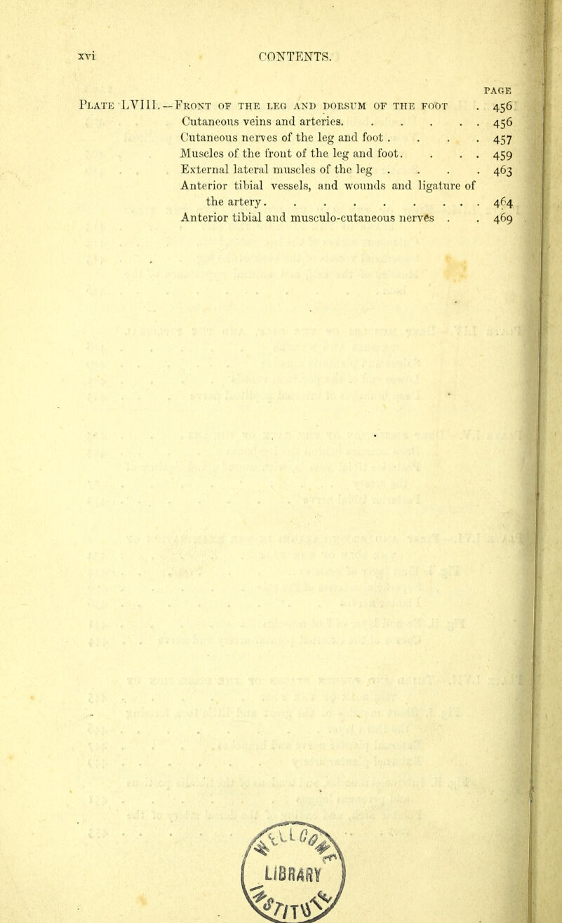PAGE Plate LVI11. —Front of the leg and dorsum of the foot . 456 Cutaneous veins and arteries 456 Cutaneous nerves of the leg and foot . . . -457 Muscles of the frout of the leg and foot. . . . 459 External lateral muscles of the leg . , . , 463 Anterior tibial vessels, and wounds and ligature of the artery 464 Anterior tibial and musculo-cutaneous nerves . . 469