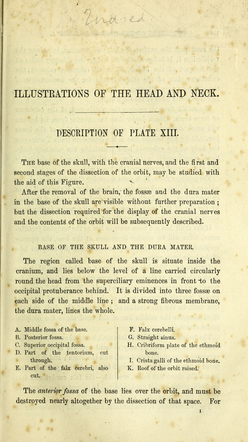 ILLUSTEATI0NS OF THE HEAD AND NECK. DESCRIPTION OF PLATE XIII. The base of the skull, with the cranial nerves, and the first and second stages of the dissection of the orbit, may be studied with the aid of this Figure. <• After the removal of the brain, the fossse and the dura mater in the base of the skull are visible without further preparation ; but the dissection required for the' display of the cranial nerves and the contents1 of the orbit will be subsequently described. BASE OF THE SKULL AND THE DURA MATER. The region called base of the skull is situate inside the cranium, and lies below the level of a line carried circularly round the head from the superciliary eminences in front to the occipital protuberance behind. It is divided into three fossse on each side of the middle line ; and a strong fibrous membrane, the dura mater, lines the whole. A. Middle fossa of the base. B. Posterior fossa. C. Superior occipital fossa. D. Part of the tentorium, cut through. E. Part of the falx cerebri, also cut. F. Falx cerebelli. G. Straight sinus. H. Cribriform plate of the ethmoid bone. I. Crista galli of the ethmoid bone. K. Roof of the orbit raised. The anterior fossa of the base lies over the orbit, and must be destroyed nearly altogether by the dissection of that space. For