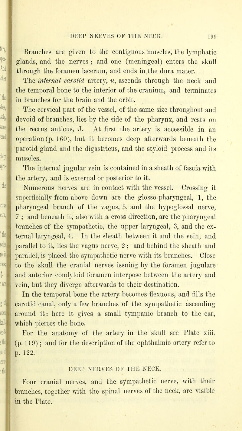 Branches are given to the contiguous muscles, the lymphatic glands, and the nerves ; and one (meningeal) enters the skull through the foramen lacerum, and ends in the dura mater. The internal carotid artery, u, ascends through the neck and the temporal bone to the interior of the cranium, and terminates in branches for the brain and the orbit. The cervical part of the vessel, of the same size throughout and devoid of branches, lies by the side of the pharynx, and rests on the rectus anticus, J. At first the artery is accessible in an operation (p. 160), but it becomes deep afterwards beneath the parotid gland and the digastricus, and the styloid process and its muscles. The internal jugular vein is contained in a sheath of fascia with the artery, and is external or posterior to it. Numerous nerves are in contact with the vessel. Crossing it superficially from above down are the glosso-pharyngeal, 1, the pharyngeal branch of the vagus, 5, and the hypoglossal nerve, 7 ; and beneath it, also with a cross direction, are the pharyngeal branches of the sympathetic, the upper laryngeal, 3, and the ex- ternal laryngeal, 4. In the sheath between it and the vein, and parallel to it, lies the vagus nerve, 2 ; and behind the sheath and parallel, is placed the sympathetic nerve with its branches. Close to the skull the cranial nerves issuing by the foramen jugulare and anterior condyloid foramen interpose between the artery and vein, but they diverge afterwards to their destination. In the temporal bone the artery becomes fiexuous, and fills the carotid canal, only a few branches of the sympathetic ascending around it: here it gives a small tympanic branch to the ear, which pierces the bone. For the anatomy of the artery in the skull see Plate xiii. (p. 119); and for the description of the ophthalmic artery refer to p. 122. DEEP NERVES OF THE NECK. Four cranial nerves, and the sympathetic nerve, with their branches, together with the spinal nerves of the neck, are visible in the Plate.