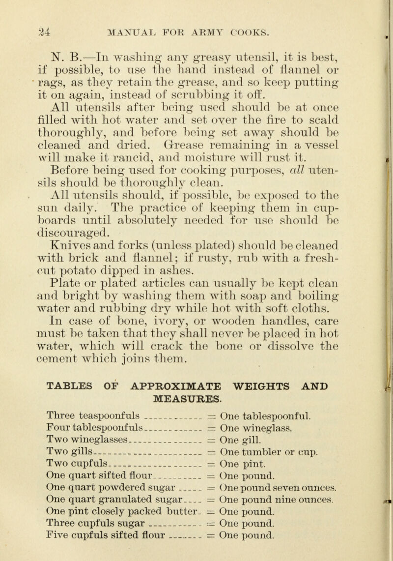 N. B.—In washing any greasy utensil, it is best, if possible, to use the hand instead of flannel or • rags, as they retain the grease, and so keep putting- it on again, instead of scrubbing it off. All utensils after being used should be at once filled with hot water and set oyer the fire to scald thoroughly, and before being set away should be cleaned and dried. Grease remaining in a vessel will make it rancid, and moisture will rust it. Before being used for cooking purposes, all uten- sils should be thoroughly clean. All utensils should, if possible, be exposed to the sun daily. The practice of keeping them in cup- boards until absolutely needed for use should be discouraged. Knives and forks (unless plated) should be cleaned with brick and flannel; if rusty, rub with a fresh- cut potato dipped in ashes. Plate or plated articles can usually be kept clean and bright by washing them with soap and boiling water and rubbing dry while hot with soft cloths. In case of bone, ivory, or wooden handles, care must be taken that they shall never be placed in hot water, which will crack the bone or dissolve the cement which joins them. TABLES OF APPROXIMATE WEIGHTS AND MEASURES. Three teaspoonfuls = One tablespoonful. Four tablespoonfuls = One wineglass. Two wineglasses — One gill. Two gills = One tumbler or cup. Two cupfuls — One pint. One quart sifted flour = One pound. One quart powdered sugar = One pound seven ounces. One quart granulated sugar = One pound nine ounces. One pint closely packed butter. = One pound. Three cupfuls sugar — One pound. Five cupfuls sifted flour = One pound.