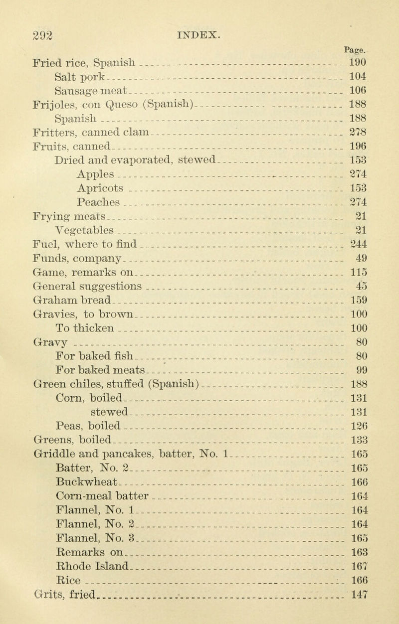 Page. Fried rice, Spanish 190 Salt pork 104 Sausage meat 106 Frijoles, con Queso (Spanish) 188 Spanish 188 Fritters, canned clam 278 Fruits, canned 196 Dried and evaporated, stewed 153 Apples 274 Apricots 153 Peaches 274 Frying meats „ 21 Vegetables . 21 Fuel, where to find .. 244 Funds, company . 49 Game, remarks on . 115 General suggestions . .. 45 Graham bread , . . . 159 Gravies, to brown . 100 To thicken 100 Gravy „ 80 For baked fish _ * 80 For baked meats 99 Green chiles, stuffed (Spanish) . • _ _ 188 Corn, boiled , 131 stewed . , , 131 Peas, boiled-... . 126 Greens, boiled . 133 Griddle and pancakes, batter, No. 1 165 Batter, No. 2 165 Buckwheat 166 Corn-meal batter 164 Flannel, No. 1 164 Flannel, No. 2 164 Flannel, No. 3 165 Remarks on 163 Rhode Island 167 Rice :_ 166 Grits, fried 147