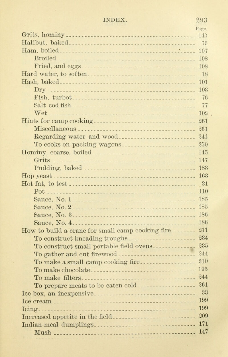 Page. Grits, hominy 147 Halibut, baked 7£ Ham, boiled _• 107 Broiled 108 Fried, and eggs 108 Hard water, to soften 18 Hash, baked 101 Dry 103 Fish, turbot 76 Salt cod fish 77 Wet 102 . Hints for camp cooking 261 Miscellaneous 261 Regarding water and wood 241 To cooks on packing wagons 250 Hominy, coarse, boiled 145 Grits 147 Pudding, baked 183 Hop yeast 163 Hot fat, to test 21 Pot 110 Sauce, No. 1 185 Sauce, No. 2 185 Sauce, No. 3 186 Sauce, No. 4 186 How to build a crane for small camp cooking fire 211 To construct kneading troughs 234 To construct small portable field ovens 235 To gather and cut firewood 244 To make a small camp cooking fire 210 To make chocolate 195 To make filters 244 To prepare meats to be eaten cold 261 Ice box, an inexpensive. 33 Ice cream 199 Icing 199 Increased appetite in the field 209 Indian-meal dumplings 171 Mush 147