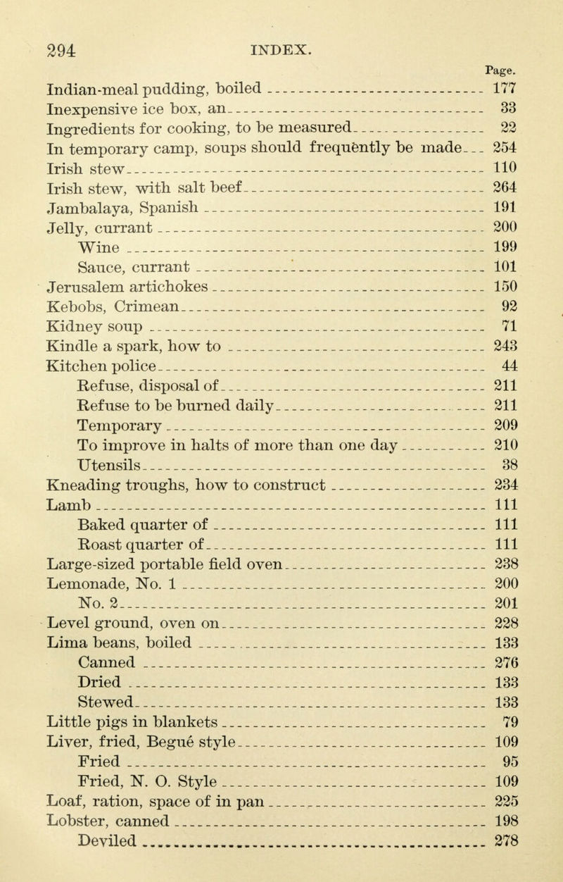 Page. Indian-meal pudding, boiled 177 Inexpensive ice box, an 33 Ingredients for cooking, to be measured 22 In temporary camp, soups should frequently be made__- 254 Irish stew 110 Irish stew, with salt beef 264 Jambalaya, Spanish 191 Jelly, currant 200 Wine 199 Sauce, currant 1 101 Jerusalem artichokes 150 Kebobs, Crimean 92 Kidney soup . 71 Kindle a spark, how to 243 Kitchen police 44 Refuse, disposal of 211 Refuse to be burned daily 211 Temporary 209 To improve in halts of more than one day 210 Utensils 38 Kneading troughs, how to construct 234 Lamb 111 Baked quarter of 111 Roast quarter of 111 Large-sized portable field oven 238 Lemonade, No. 1 200 No. 2 201 Level ground, oven on 228 Lima beans, boiled 133 Canned 276 Dried 133 Stewed 133 Little pigs in blankets 79 Liver, fried, Begue style 109 Fried 95 Fried, K O. Style . 109 Loaf, ration, space of in pan 225 Lobster, canned 198 Deviled 278