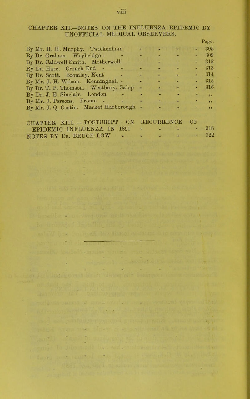 Vlll CHAPTER XII.—NOTES ON THE INFLUENZA EPIDEMIC BY UNOFFICIAL MEDICAL OBSERVERS. Page. By Mr. H. H. Murphy. Twickenham .... 305 By Dr. Graham. Weybridge ------ 309 By Dr. Caldwell Smith. Motherwell - - - - 312 Ry Dr. Hare. Crouch End 313 By Dr. Scott. Bromley, Kent - - - - - 314 By Mr. J. H. Wilson. Kenninghall - - - - - 315 By Dr. T. P. Thomson. Westbury, Salop - - - - 316 By Dr. J. E. Sinclair. London - - - - - ,, By Mr. J. Parsons. Frome - - - - - - By Mr. J. Q. Costin. Market Harborough - - - - „ CHAPTER XIII. — POSTCRIPT ON RECURRENCE OP EPIDEMIC INFLUENZA IN 1891 - . - - 318 NOTES BY Dk. BRUCE LOW 322