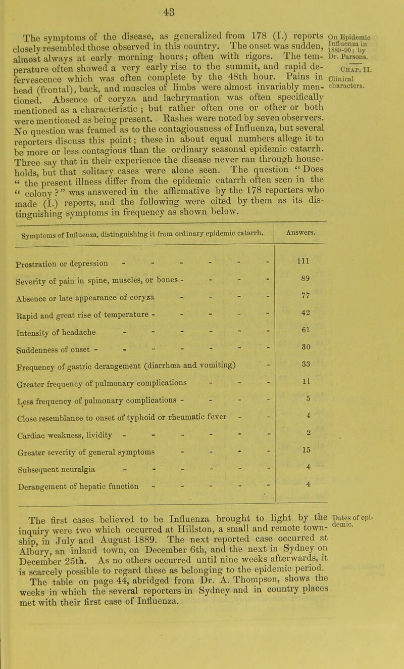 The symptoms of the disease, as generalized from 178 (I.) reports On Epidemic closely resembled those observed in this country. The onset was sudden, ]8s()y()'?'\,y' almost always at early morning hours; often with rigors. The tern- i)r. Parsons, perature often showed a very early rifie to the summit, and rapid de- chap. ii. fervescence which was often complete by the 48th hour. Pains in clinical head (fron tal), back, and muscles of limbs were almost invariably men- characters, tioned. Absence of coryza and lachrymation was often specifically mentioned as a characteristic ; but rather often one or other or both were mentioned as being present. Eashes were noted by seven observers. No question was framed as to the contagiousness of Influenza, but several reporters discuss this point; these in about equal numbers allege it to be more or less contagious than the ordinary seasonal epidemic catarrh. Three say that in their experience the disease never ran through house- holds, but that solitary cases were alone seen. The question Does  the present illness differ from the epidemic catarrh often seen in the  colony ? was answered in the affirmative by the l78 reporters who made (I.) reports, and the following were cited by them as its dis- tinguishing symptoms in frequency as shown below. Symptoms of Influenza, distinguislilng it from ordinary epidemic catarrh. Answers. Prostration or depression - - - - - Severity of pain in spine, muscles, or bones - Absence or late appearance of coryza Eapid and great rise of temperature - - - - Intensity of headache _ - - - ■ Suddenness of onset ------ Frequency of gastric derangement (diarrhoea and vomiting) Greater frequency of pulmonary complications Less frequency of pulmonary complications - Close resemblance to onset of typhoid or rheumatic fever Cardiac -weakness, lividity . - - - ■ Greater severity of general symptoms Subsequent neuralgia _ - _ - ■ Derangement of hepatic function _ - - ■ 111 89 77 42 61 30 33 II 5 4 2 15 4 4 The first cases believed to be Influenza brought to light by the Dates of epi- inquiry were two which occurred at Hillston, a small and remote town- ship, in July and August 1889. The next reported case occurred at Albury, an inland town, on December 6th, and the next in Sydney on December 2oth. As no others occurred until nine weeks afterwards, it is scarcely possible to regard these as belonging to the epidemic period. The table on page 44, abridged from Dr. A. Thompson, shows the weeks in which the several reporters in Sydney and in country places met with their first case of Influenza.