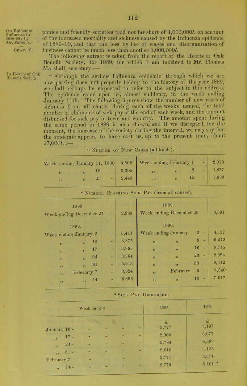 On Hpiileinic IiitUiuii'/.a ill Dr. I'arsous. Chap. V. in Hearts of Oak JJeiictit Society. panics and friendly societies paid not far short of 1,000,000/. on account of the increased mortality and sickness caused by the Influenza epidemic of 1889-90, and that the loss by loss of wages and disorganization of business cannot be much less than another 1,000,000/. 'I he following extract is taken from the report of the Hearts of Oak Benefit Society, for 1889, for which I am indebted to Mr. Thomas Marshall, secretary:—  Although the serions Influenza epidemic through which we are now passing does not properly belong to the history of the year 1889, we shall perhaps be expected to refer to the subject in this address. The epidemic came upon us, almost suddenly, in the week ending January 11th. Tiie following figures sliow the number of new cases of sickness fi-om all causes during each of the weeks named, the total number of claimants of sick pay at the end of each week, and the amount disbursed for sick pay in town and country. The amount spent during the same period in 1889 is also shown, and if we disregard, for the moment, the increase of the society during the interval, we may say that the epidemic appears to have cost us, up to the present time, about ]7,00('Z. :—  Number of New Cases (all kinds). Week ending January 11, 1890 3,808 Week ending February 1 2,013 » 18 - 3,305 » » 8 - 1,877 >. 25 - 2,448 15 - 1,698  Number Claiming Sick Pay (from all causes). 1888. 1889. Week ending December 27 2,989 Week ending December 26 - 3,391 1889. 1890. Week ending January 3 3,411 Week ending January 2 - 4,187 » 10 3,875 J, j> ^ ' 6,473 17 3,999 16 - 8,715 » 24 3,964 23 - 9,024 31 3,913 30 8,442 „ February 7 3,924 „ February 6 - 7,640  14 3,896 13 - 7 017  Sick Pay Disbursed.