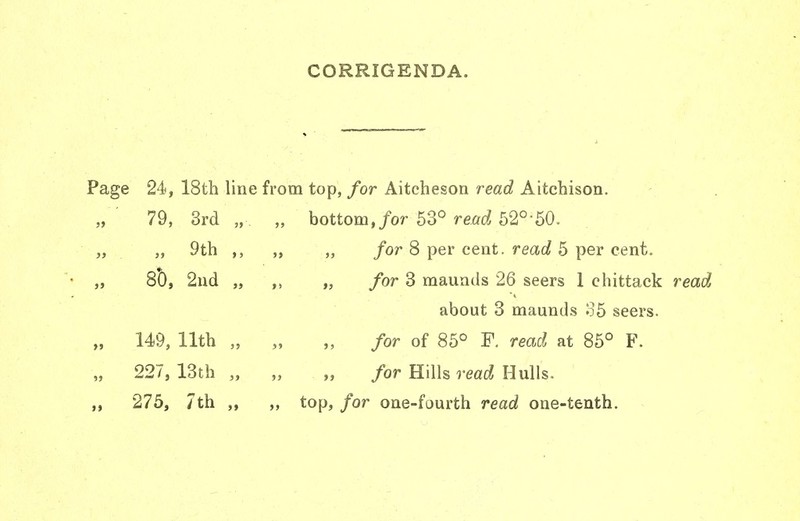 e 24, 18th line from top, for Aitcheson read Aitchison. 79, 3rd „ „ bottom, for 53° read 52°-50. „ 9th „ „ for 8 per cent, read 5 per cent. 80, 2nd „ „ for 3 maunds 26 seers 1 chittack read about 3 maunds 35 seers. 149, 11th „ „ „ for of 85° F. read at 85° F. 227, 13th „ „ „ for Hills read Hulls. 275, 7th „ „ top, for one-fourth read one-tenth.