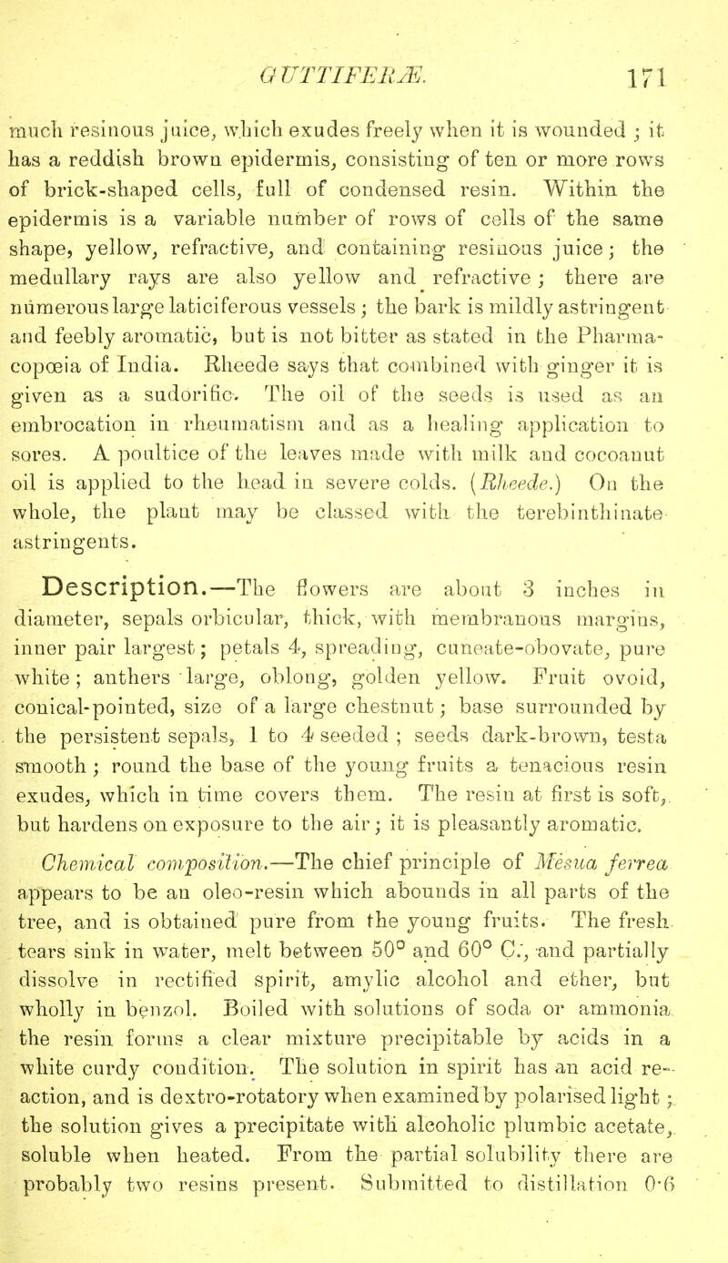 much resinous juice, which exudes freely when it is wounded ; it has a reddish brown epidermis, consisting of ten or more rows of brick-shaped cells, full of condensed resin. Within the epidermis is a variable number of rows of cells of the same shape, yellow, refractive, and containing resinous juice; the medullary rays are also yellow and refractive; there are numerous large laticiferous vessels ; the bark is mildly astringent and feebly aromatic, but is not bitter as stated in the Pharma- copoeia of India. Rheede says that combined with ginger it is given as a sudorific. The oil of the seeds is used as au embrocation in rheumatism and as a healing application to sores. A poultice of the leaves made with milk and cocoanut oil is applied to the head in severe colds. [Rheede.) On the whole, the plant may be classed with the terebinthinate astringents. Description.—The flowers are about 3 inches in diameter, sepals orbicular, thick, with membranous margins, inner pair largest; petals 4, spreading, cuneate-obovate, pure white; anthers large, oblong, golden yellow. Fruit ovoid, conical-pointed, size of a large chestnut; base surrounded by the persistent sepals, 1 to 4t seeded ; seeds dark-brown, testa smooth; round the base of the young fruits a tenacious resin exudes, which in time covers them. The resin at first is soft,, but hardens on exposure to the air; it is pleasantly aromatic. Chemical composition.—The chief principle of Mesua ferrea appears to be au oleo-resin which abounds in all parts of the tree, and is obtained' pure from the young fruits. The fresh tears sink in water, melt between 50°'and 60° C;, and partially dissolve in rectified spirit, amy lie alcohol and ether, but wholly in benzol. Boiled with solutions of soda or ammonia the resin forms a clear mixture precipitable by acids in a white curdy condition. The solution in spirit has an acid re- action, and is dextro-rotatory when examined by polarised light; the solution gives a precipitate with alcoholic plumbic acetate, soluble when heated. From the partial solubility there are probably two resins present. Submitted to distillation 0*f>