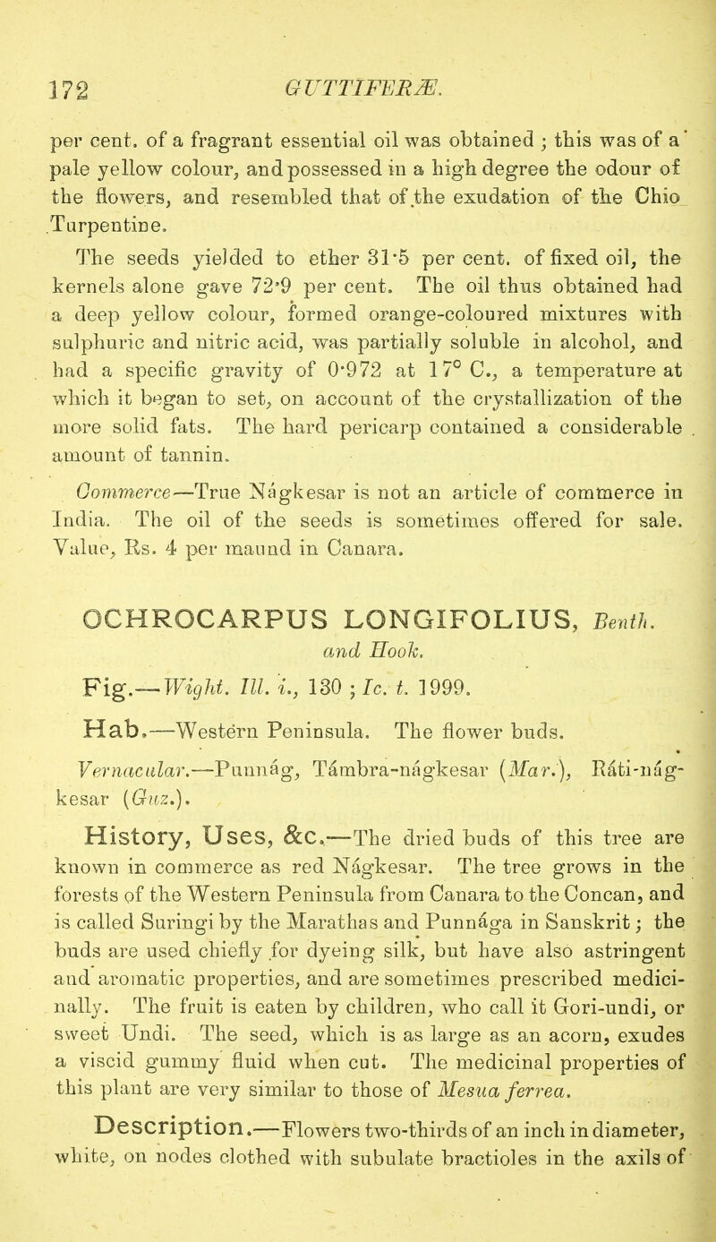 per cent, of a fragrant essential oil was obtained ; this was of a' pale yellow colour, and possessed in a high degree the odour of the flowers, and resembled that of the exudation of the Chio Turpentine. The seeds yielded to ether 31*5 percent, of fixed oil, the kernels alone gave 72*9 per cent. The oil thus obtained had a deep yellow colour, formed orange-coloured mixtures with sulphuric and nitric acid, was partially soluble in alcohol, and had a specific gravity of 0*972 at 17° C, a temperature at which it began to set, on account of the crystallization of the more solid fats. The hard pericarp contained a considerable amount of tannin, Commerce-—True Nagkesar is not an article of commerce in India. The oil of the seeds is sometimes offered for sale. Value, Rs. 4 per mannd in Canara. OCHROCARPUS LONGIFOLIUS, Benth. and Hook, Fig.—Wight. III. L, 130 ; Ic. L 1999. Hab.—Western Peninsula. The flower buds. Vernacular.—-Punnag, Tambra-nagkesar {Mar.), Rati-nag- kesar (Guz.). History, Uses, &C-—The dried buds of this tree are known in commerce as red Nagkesar. The tree grows in the forests of the Western Peninsula from Canara to the Concan, and is called Suringi by the Marathas and Punnaga in Sanskrit; the buds are used chiefly for dyeing silk, but have also astringent and aromatic properties, and are sometimes prescribed medici- nally. The fruit is eaten by children, who call it Gori-undi, or sweet Undi. The seed, which is as large as an acorn, exudes a viscid gummy fluid when cut. The medicinal properties of this plant are very similar to those of Mesua ferrea. Description.—Flowers two-thirds of an inch in diameter, white, on nodes clothed with subulate bractioles in the axils of
