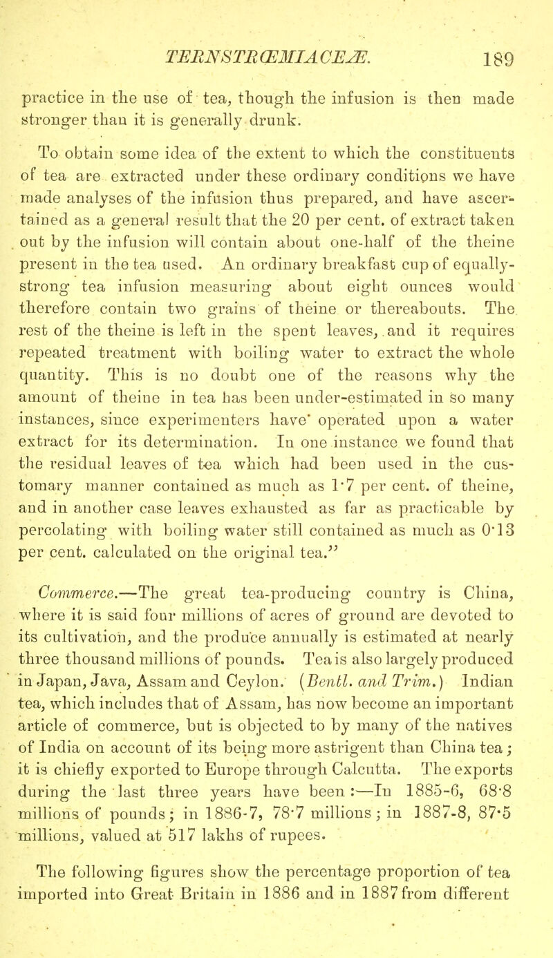 practice in the use of tea, though the infusion is theu made stronger than it is generally drunk. To obtain some idea of the extent to which the constituents of tea are extracted under these ordinary conditions we have made analyses of the infusion thus prepared, and have ascer- tained as a general result that the 20 per cent, of extract taken out by the infusion will contain about one-half of the theine present in the tea used. An ordinary breakfast cup of equally- strong tea infusion measuring about eight ounces would therefore contain two grains of theine or thereabouts. The rest of the theine is left in the spent leaves, and it requires repeated treatment with boiling water to extract the whole quantity. This is no doubt one of the reasons why the amount of theine in tea has been under-estimated in so many instances, since experimenters have' operated upon a water extract for its determination. In one instance we found that the residual leaves of tea which had been used in the cus- tomary manner contained as much as 1*7 per cent, of theine, and in another case leaves exhausted as far as practicable by percolating with boiling water still contained as much as 0*13 per cent, calculated on the original tea. Commerce.—The great tea-producing country is China, where it is said four millions of acres of ground are devoted to its cultivation, and the produce annually is estimated at nearly three thousand millions of pounds. Tea is also largely produced in Japan, Java, Assam and Ceylon. (Bentl. and Trim.) Indian tea, which includes that of Assam, has now become an important article of commerce, but is objected to by many of the natives of India on account of its being more astrigent than China tea; it is chiefly exported to Europe through Calcutta. The exports during the last three years have been:—In 1885-6, 68'8 millions of pounds; in 1886-7, 78*7 millions• in 1887-8, 87*5 millions, valued at 517 lakhs of rupees. The following figures show the percentage proportion of tea imported into Great Britain in 1886 and in 1887 from different