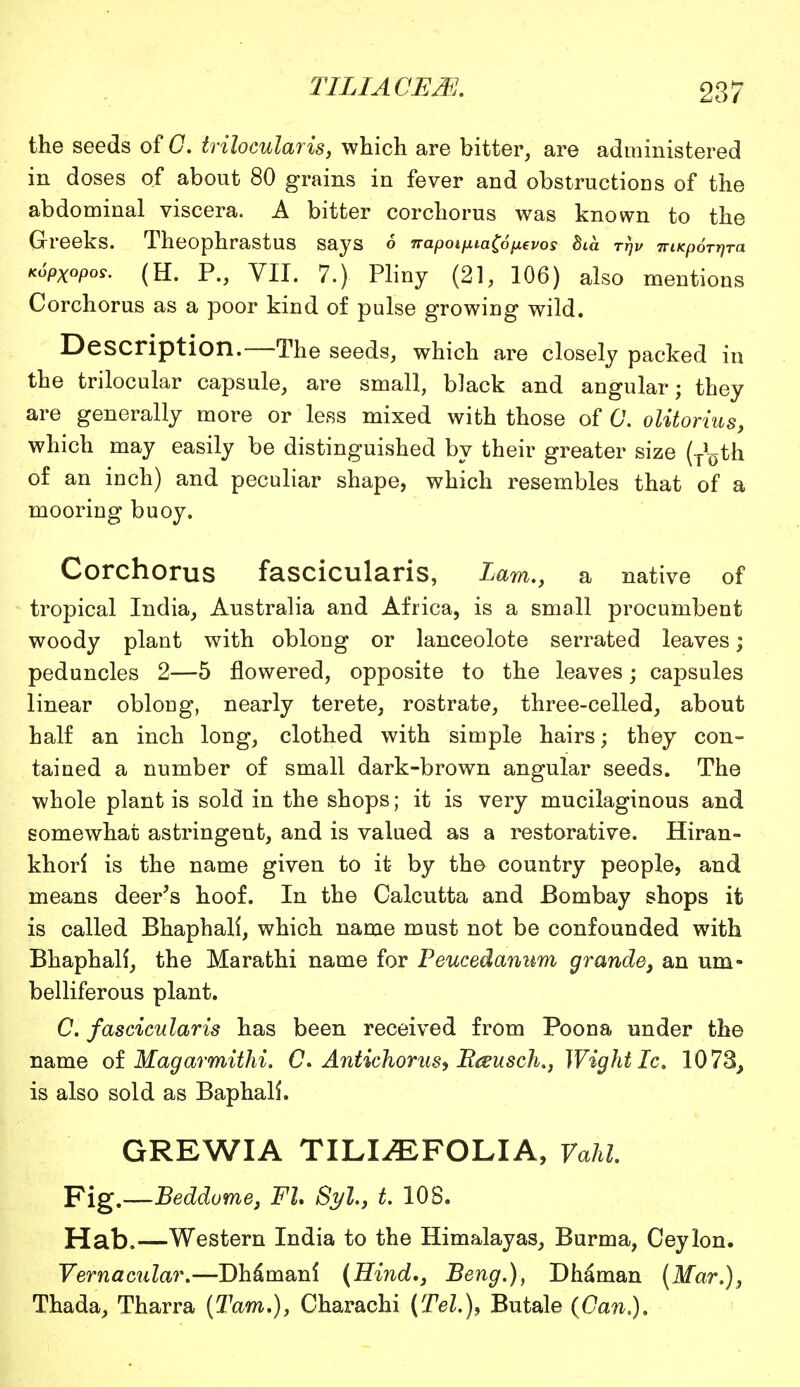 the seeds of C. trilocularis, which are bitter, are administered in doses of about 80 grains in fever and obstructions of the abdominal viscera. A bitter corchorus was known to the Greeks. TheophrastuS Says 6 irapoipia(6p.cvos 8ia rrjv TviKpor-qra K6PXopoS. (H. P., VII. 7.) Pliny (21, 106) also mentions Corchorus as a poor kind of pulse growing wild. Description.—The seeds, which are closely packed in the trilocular capsule, are small, black and angular; they are generally more or less mixed with those of 0. olitorius, which may easily be distinguished by their greater size (T^th of an inch) and peculiar shape, which resembles that of a mooring buoy. Corchorus fascicularis, Lam., a native of tropical India, Australia and Africa, is a small procumbent woody plant with oblong or lanceolote serrated leaves; peduncles 2—5 flowered, opposite to the leaves; capsules linear oblong, nearly terete, rostrate, three-celled, about half an inch long, clothed with simple hairs; they con- tained a number of small dark-brown angular seeds. The whole plant is sold in the shops; it is very mucilaginous and somewhat astringent, and is valued as a restorative. Hiran- khori is the name given to it by tho country people, and means deer's hoof. In the Calcutta and Bombay shops it is called Bhaphali, which name must not be confounded with Bhaphalf, the Marathi name for Feucedanum grande, an um- belliferous plant. 0. fascicularis has been received from Poona under the name of Magarmithi. C. Antichorus, Bteusch., Wight Ic. 10 73, is also sold as Baphalf. GREWIA TILI^EFOLIA, Vahl Fig.—Beddome, Fh Syl., t. 108. Hab.—Western India to the Himalayas, Burma, Ceylon. Vernacular.—Dh&manl (Hind,, Beng.), Dhaman (Mar.), Thada, Tharra (Tarn.), Charachi (Tel.), Butale (Can.).