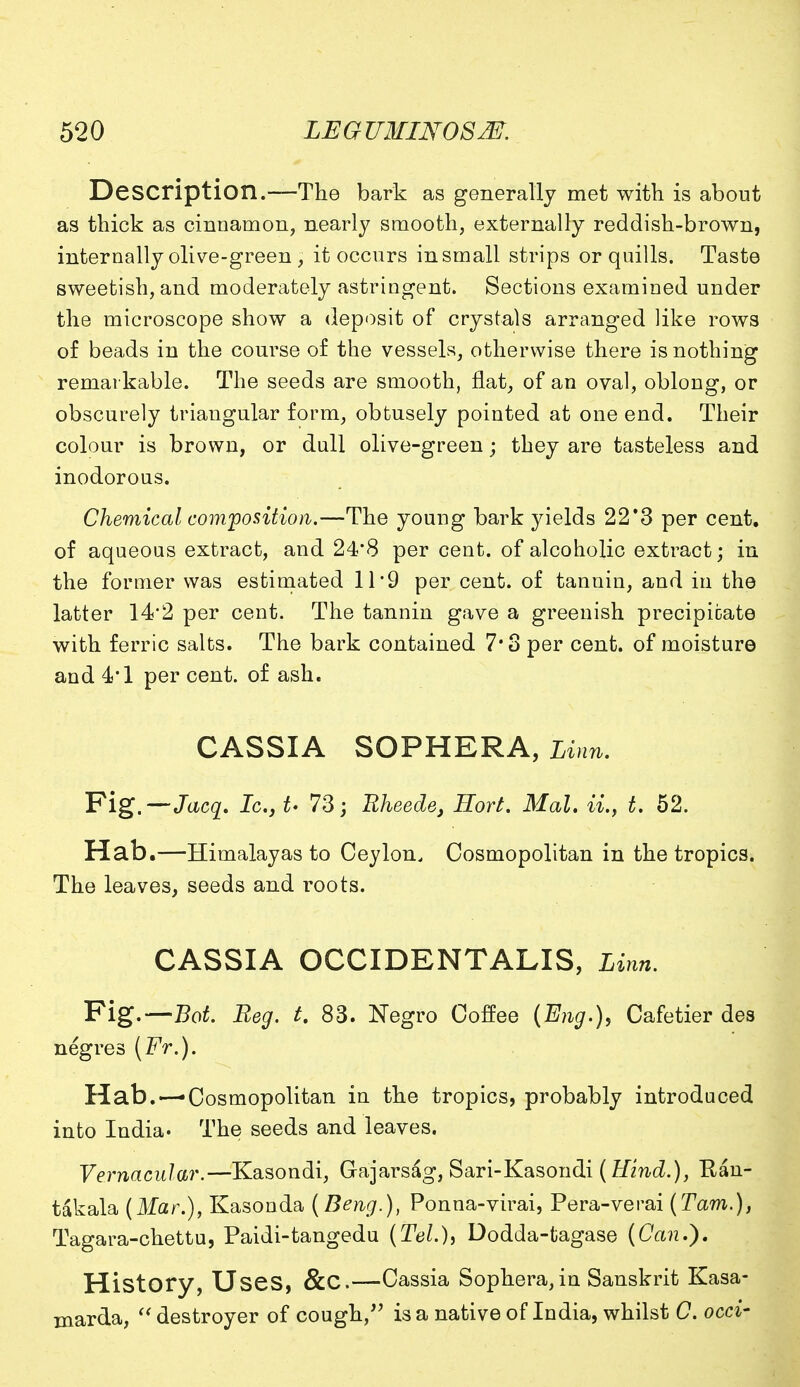 Description.—The bark as generally met with is about as thick as cinnamon, nearly smooth, externally reddish-brown, internally olive-green , it occurs in small strips or quills. Taste sweetish, and moderately astringent. Sections examined under the microscope show a deposit of crystals arranged like rows of beads in the course of the vessels, otherwise there is nothing remarkable. The seeds are smooth, flat, of an oval, oblong, or obscurely triangular form, obtusely pointed at one end. Their colour is brown, or dull olive-green; they are tasteless and inodorous. Chemical composition.—The young bark yields 22*3 per cent, of aqueous extract, and 24*8 per cent, of alcoholic extract; in the former was estimated 11*9 per cent, of tannin, and in the latter 14*2 per cent. The tannin gave a greenish precipitate with ferric salts. The bark contained 7*3 per cent, of moisture and 4'1 per cent, of ash. CASSIA SOPHERA, Linn. Fig. — Jacq. Ic, U 73; Rheede, Hort. Mai. ii.y t. 52. Hab.—Himalayas to Ceylon. Cosmopolitan in the tropics. The leaves, seeds and roots. CASSIA OCCIDENTALS, Linn. Fig.—Bot. Reg. t. 83. Negro Coffee {Eng.), Cafetier des negres (Fr.). Hab.-—Cosmopolitan in the tropics, probably introduced into India- The seeds and leaves. Vernacular.—Kasondi, Gajarsag, Sari-Kasondi (Hind.), Kan- takala (Mar.), Kasonda (Beng.), Ponna-virai, Pera-verai (Tarn.), Tagara-chettu, Paidi-tangedu (Tel.), Dodda-fcagase (Can.). History, Uses, &C.—Cassia Sophera,in Sanskrit Kasa- marda,  destroyer of cough, is a native of India, whilst C. occi-