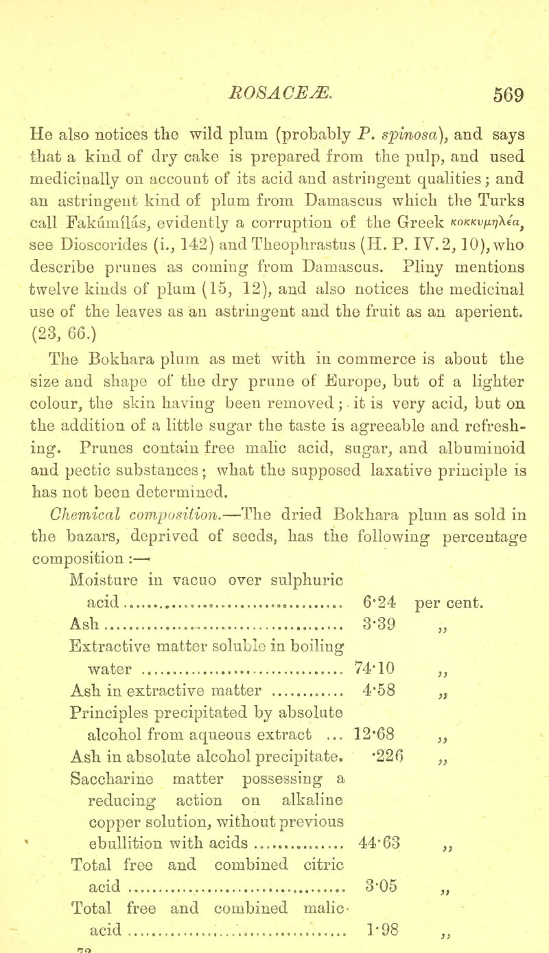 He also notices the wild plum (probably P. s'pinosa), and says that a kind of dry cake is prepared from the pulp, and used medicinally on account of its acid and astringent qualities; and an astringent kind of plum from Damascus which the Turks call Fakumilas, evidently a corruption of the Greek KOKKvfit]\ea} see Dioscorides (i., 142) and Theophrastus (H. P. IV. 2,10), who describe prunes as coming from Damascus. Pliny mentions twelve kinds of plum (15, 12), and also notices the medicinal use of the leaves as an astringent and the fruit as an aperient. (23, 66.) The Bokhara plum as met with in commerce is about the size and shape of the dry prune of Europe, but of a lighter colour, the skin having been removed; it is very acid, but on the addition of a little sugar the taste is agreeable and refresh- ing. Prunes contain free malic acid, sugar, and albuminoid and pectic substances; what the supposed laxative principle is has not been determined. Chemical composition.—The dried Bokhara plum as sold in the bazars, deprived of seeds, has the following percentage composition :—< Moisture in vacuo over sulphuric acid.... 6*24 percent. Ash 3-39 Extractive matter soluble in boiling water 74*10 „ Ash in extractive matter 4*58 „ Principles precipitated by absolute alcohol from aqueous extract ... 12°68 ,, Ash in absolute alcohol precipitate. '226 „ Saccharine matter possessing a reducing action on alkaline copper solution, without previous ebullition with acids 44*63 }J Total free and combined citric acid 3*05 ,, Total free and combined malic- acid 1*98 ,, CO