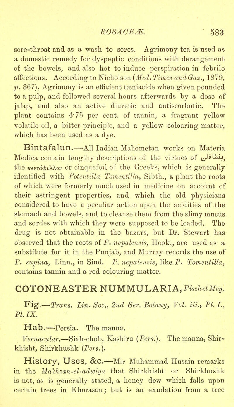 sore-throat and as a wash to sores. Agrimony tea is used as a domestic remedy for dyspeptic conditions with derangement of the bowels, and also hot to induce perspiration in febrile affections. According to Nicholson [Med. Times andGaz., 1879, p. 367), Agrimony is an efficient tasniacide when given pounded to a pulp, and followed several hours afterwards by a dose of jalap, and also an active diuretic and antiscorbutic. The plant contains 4'75 per cent, of tannin, a fragrant yellow volatile oil, a bitter principle, and a yellow colouring matter, which has been used as a dye. Bintafalun.—All Indian Mahometan works on Materia Medica contain lengthy descriptions of the virtues of ^M-kv^ the TrevrcKpvXXov or cinquefoil of the Greeks, which is generally identified with Potentilla TomentiJ/a, Sibth., a plant the roots of which were formerly much used in medicine on account of their astringent properties, and which the old physicians considered to have a peculiar action upon the acidities of the stomach and bowels, and to cleanse them from the slimy mucus and sordes with which they were supposed to be loaded. The drug is not obtainable in the bazars, but Dr. Stewart has observed that the roots of P. nepalensis, Hook., are used as a substitute for it in the Punjab, and Murray records the use of P. supina, Linn., in Sind. P. nepalensis 3 like P. Tomentilla, contains tannin and a red colouring matter. COTONEASTER NUMMULARIA, FischetMey. Fig.-—Trans. Lin. Soc, 2nd Ser. Botany, Vol. Hi.* Pt. L, PI. IX. Hab.—Persia. The manna. Vernacular.—Siah-chob, Kashiru (Pers.). The manna, Shir- khisht, Shirkhushk [Pers.), History, U ses, &C.—Mir Muhammad Husain remarks in the Makhzan-el-adwiya that Shirkhisht or Shirkhushk is not, as is generally stated, a honey dew which falls upon certain trees in Khorasan; but is an exudation from a tree
