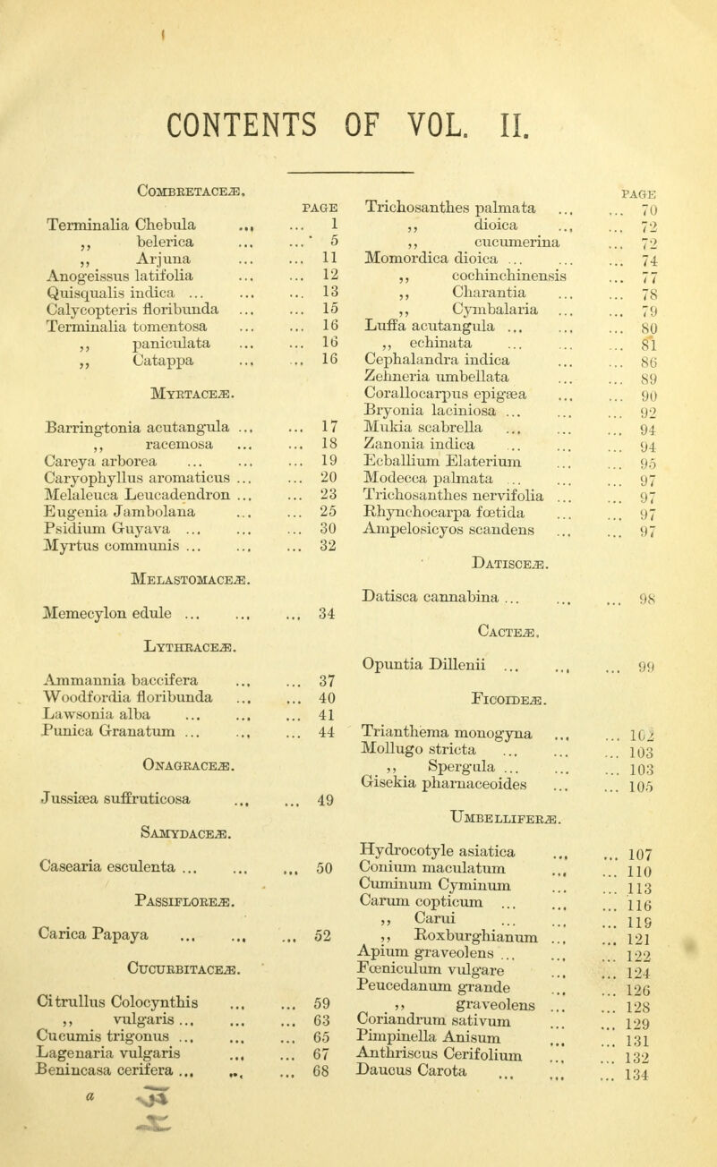 CONTENTS OF VOL. II. COMBRETACEiE, Terminalia Chebula .., belerica „ Arjuna Anogeissus latifolia Quisqualis indica ... Calycopteris floribunda Terminalia tomentosa paniculata „ Catappa .., Myrtace.e. Barringtonia acutangula ... racemosa Careya arborea Caiyophyllus aromaticus ... Melaleuca Leucadendron ... E ugenia Jambolana Psidium G-uyava ... Myrtus communis ... Melastomace^i. Memecylon edule Lythrace-e. Ammannia baccifera Woodfordia floribunda Lawsonia alba Punica Granatum ... Onageace^!. Jussisea suffruticosa Samydace^j. Casearia esculenta Passiploee^;. Carica Papaya Cucuebitace^). Citrullus Colocynthis vulgaris Cucumis trigonus ... Lagenaria vulgaris Benincasa cerifera ... a page Trichosanthes palmata 1 dioica 5 ,, cucumerina 11 Momordica dioica ... 12 ,, cochin chinensis 13 „ Charantia 15 „ Cymbalaria 16 Luffa acutangula ... 16 echinata 16 Cephalandra indica Zehneria umbellata Corallocarpus epigsea Bryonia laciniosa ... 17 Mukia scabrella 18 Zanonia indica 19 Ecballium Elaterium 20 Modecca pabnata ... 23 Trichosanthes nervifolia .. 25 Pdiynchocarpa foetida 30 Ampelosicyos scandens 32 DATISCE2E. Datisca cannabina ... 34 Cacte.^:. Opuntia Dillenii 37 40 ElCOIBELE. 41 44 Trianthema monogyna Mollugo stricta Spergula ... Gisekia pharnaceoides 49 Umbellifee^s. Hydrocotyle asiatica 50 Conium maculatum Cuminum Cyminum Carum copticum ... Carui 52 „ Roxburghianum .., Apium graved ens Eoeniculum vulg*are Peucedanum grande 59 ^ graveolens ... 63 Coriandrum sativum 65 Pimpinella Anisum , . , 67 Anthriscus Cerifolium 68 Daucus Carota