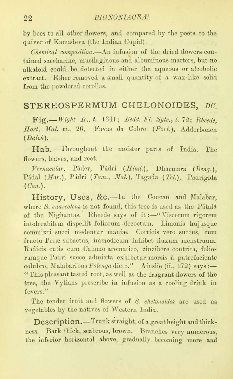 by bees to all other flowers, and compared by the poets to the quiver of Kamadeva (the Indian Cupid). Chemical composition.—An infusion of the dried flowers con= tained saccharine, mucilaginous and albuminous matters, but no alkaloid could be detected in either the aqueous or alcoholic extract. Ether removed a small quantity of a wax-like solid from the powdered corollas. STEREOSPERMUM CHELONOIDES, DC. Yig.—Wight Ic„ t 1341; Bedd. FL Sylc, t 72; Rheede, Hort. Mai. vi., 26. Favas da Cobre {Port.), Adderbonen (Dutch), Hab.—Throughout the moister parts of India. The flowers, leaves, and root. Vernacular.—Pader, Padri {Hind.), Dharmara (Beng.), Padal (Mar.), Padri (Tarn., Mai.), Tagada (Tel.), Padrigida (Can.). History, Uses, &C.—In the Concan and Malabar, where S. suaveolens is not found, this tree is used as the Patala of the Nighantas. Hheede says of it:— Yiscerum rigorem intolerabilem dispellit f oliorum • decoctum. Limonis huj usque commixti succi medentar maniae. Corticis vero succus, cum fructu Pera3 subactus, immodicum inhibet fluxum menstruum. Radicis cutis cum Calamo aromatico, zinzibere contrita, folio- rumque Padri succo admixta exhibetur morsis a putrefaciente colubro, Malabaribus PoZt'^^f? dicto. Ainslie (ii., 272) says:— This pleasant tasted root, as well as the fragrant flowers of the tree, the Yytiaus prescribe in infusion as a cooling drink in fevers. The tender fruit and flowers of *S. chelonoides are used as vegetables by the natives of Western India. Description.—Trunk straight, of a greatheight and thick- ness. Bark thick, scabrous, brown. Branches very numerous, the inferior horizontal above, gradually becoming more and
