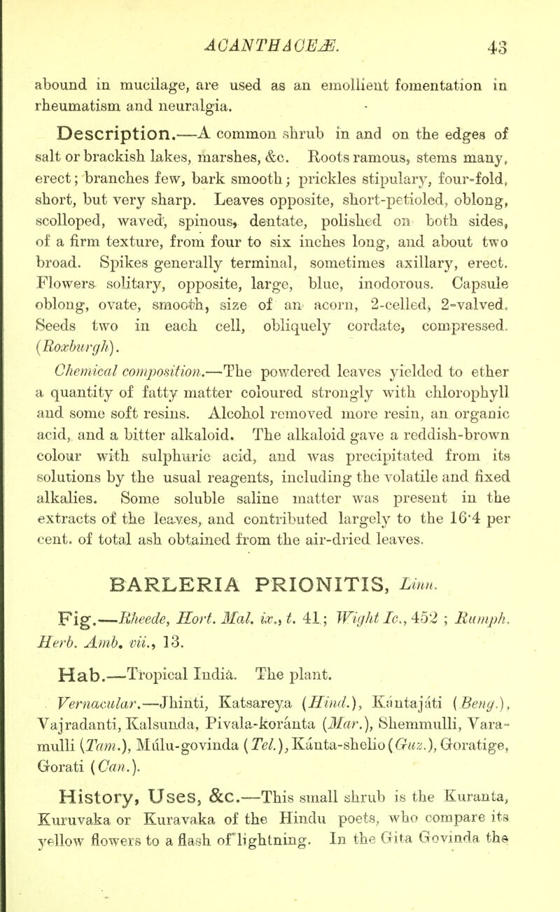 abound in mucilage, are used as an emollient fomentation in rheumatism and neuralgia. Description.—A common shrub in and on the edges of salt or brackish lakes, marshes, &c. Roots ramous, stems many, erect; branches few, bark smooth; prickles stipulary, four=fold, short, but very sharp. Leaves opposite, short-petioled, oblong, scolloped, waved, spinous, dentate, polished on both sides, of a firm texture, from four to six inches long, and about two broad. Si)ikes generally terminal, sometimes axillary, erect. Flowers^ solitary, opposite, large, blue, inodorous. Capsule oblong, ovate, smooth, size of an acorn, 2-celledj 2=valved. Seeds two in each cell, obliquely cordate, compressed. [Eoxhurgh). Chemical composition.—The powdered leaves yielded to ether a quantity of fatty matter coloured strongly with chlorophyll and some soft resins. Alcohol removed more resin, an organic acid, and a bitter alkaloid. The alkaloid gave a reddish-brown colour with sulphuric acid, and was precipitated from its solutions by the usual reagents, including the volatile and fixed alkalies. Some soluble saline matter was present in the extracts of the leaves, and contributed largely to the 164 per cent, of total ash obtained from the air-dried leaves. BARLERIA PRIONITIS, Limt. Fig.—Rheede, Hort. Mai, ix.i t. 41; Wight Ic^ 452 ; Rumph. Herb. Amh, vii.^ 13. Hab.—Tropical India. The plant. Vernacular.—Jhinti, Katsareya (Hind.), Kantajati (Beng.)^ Vajradanti, Kalsunda, Pivala-koranta [Mar.), Shemmulli, Yara- mulli {Tarn.), Mulu-govinda (2V/.)^Kanta-shelio(<7^2.), Goratige, Gorati (Can.). History, Uses, &C.—This small shrub is the Kuranta, Kuruvaka or Kuravaka of the Hindu poets, who compare its 3^ellow flowers to a flash of lightning. In the Gita Govinda the