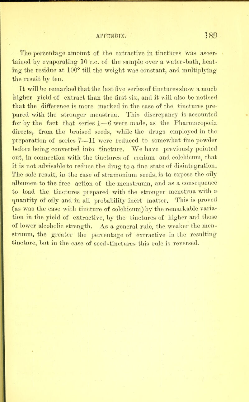 The perGeiitago amount of the extractive in tinctures was ascef^ ' tained by evaporating 10 c.c. of the sample over a water-bath, heat- ing the residue at 100° till the weight was constant, and multiplying the result by ten. It will be remarked that the last five series of tinctures show a much higher yield of extract than the first six^ and it will also be noticed that the difference is more marked in the case of the tinctures pre- pared with the stronger menstrua. This discrepancy is accounted for by the fact that series 1—6 were made, as the Pharmacopoeia directs^ from the bruised seeds, while the drugs employed in the prepa,ration of series 7—11 were reduced to somewhat fine powder before being converted into tincture. We have previously pointed out, in connection with the tinctures of conium and colchicum, that it is not advisable to reduce the drug to a fine state of disintegration. The sole result, in the case of stramonium seeds, is to expose the oily albumen to the free action of the menstruum, and as a consequence to load the tinctures prepared with the stronger menstrua with a quantity of oily and in all probability inert matter. This is proved (as was the case with tincture of colchicum) by the remarkable varia- tion in the yield of extractive, by the tinctures of higher and those of lower alcoholic strens^th. As a general rule, the weaker the men- vstruum, the greater the percentage of extractive in the resulting tincture, but in the case of seed-tinctures this rule is reversed.