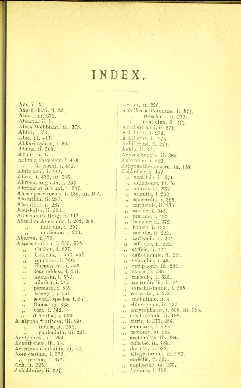 INDEX. Aas-el-bari, ii. S3. Abiial, iii. 371. Abhaya, ii. L Abies 'Webbiaiiii., iii. -375. Abini, i. 73, Abir, iii. 417. Abkari opium, i. 80. Abnus, ii. 368. Aboli, iii, 45. Arbre a chapelets, i 430. de corail, i. 4oL Abric acid, i. 442. Abrin, i, 433, iii. 306. Abroma augusta, i. 23S. Abrong- or Abrugi, i. 367. Abrus jirecatorius, i. 430, iii. Absinthin, ii. 287. Absintliol, ii. 287. Abu-kalsa, ii. 524. Abushahari Iling, ii. 147. Abutilon Avioennge, i. 202, 208. iiidicum, i. 207. muticum, i. 20 S. Abuvva, ii. 70. Acacia arabica, i. 5.30, 556. Cachou, i. 557. „ Catechu, i. 552, 557. 5, concinna, i. 560. 5, Famesiana, i, 550. ,., leucopMsea, i-, 551» 5, modesta, i. 552, „ nilotica, i, 54-2. „ pennata, i. 559. Senegal, i. 551. 5, several species, i. 541. fSuma, iii. 338. vera, i. 542. d'Arable, i. 556. Acalypha friiticosa, iii. 294, indica, iii. 29 i. ., paniculata, iii. 291, Acalyphine, iii, 294. Acanthacese, iii, 36. Acanthus ilicifolius, iii, 42. Acer cesium, i. 372. pictum, i. 372. Ach, ii. 226, ,-lchchhuka, ii. 227, Achhii, li. 226. Achillea millefoiium, ii. 171 „ moschata, ii. 272. eaatolina, ii. 272. Achilleic acid, ii. 274. Achillein, ii. 274. Achilleine, ii, 274- Achilletine, ii. 274. Achin, ii. 421. Achi-as Sapota, ii. 366, Achrosine, i. 523, Achyranthes aspera, iii. ISo, Acid abric, i. 442, achilleic, ii. 274. adhatodic, iii. 53. agaric, iii. 633. ailantic, i. 292. aaacardic, i. 388, anthemic, ii. 275, ,, arable, i. 543. ,, arachic, i. 495. s, benzoic, ii, 372. „ boheic, i. 183. caerulic, ii. 222. ealfeanic, ii. 222.. caifeelic, ii. 222. calFeic, ii. 222, ,, caffeotannic, ii, 222^ calumbicj i. 49. ,^ camphoric, iii, 202, capric, i. 136. carbolic, ii. 326, ,, caryophyllic, ii. 2S. catechu-tannie, i. 55S. cathartic, i, 62S. chebulinic, ii. 4, „ chlorogenic, ii. 222. chrysophanic, i. 505, iii, 5, einchotannic, ii. 188. citric, i, 273, 284. coumaric, i. 406, „ crotonic, iii. 284. erotonoleic, iii. 284, cu'bebic, iii. rSS, daturic, ii. 58S» ellago--tannic, iii. r63-, embelic, ii. ^51, euphorbic, iii. 259^ femaiic, u 116.