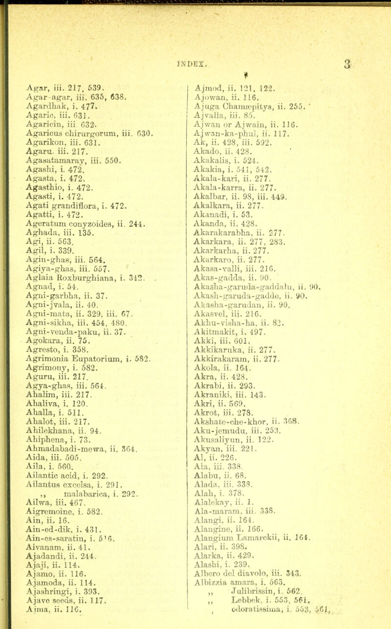 Agar-agar, iii. 635, 638. Agardhak, i. 477. Agaric, iii, 631. Agaricin, iii. 032. Agaricus chirurgorum, iii. 030. Agarikon, iii. 631. Agaru. iii. 217. Agasatamaray, iii, 550. Agashi, i. 472, Agasta, i. 472, Agasthio, i. 472. Agasti, i. 472. Agati grandiflora, i. 472, Agatti, i. 472. Ageratum conyzoides, ii. 244. Aghada, iii. 135. Agi, ii. 563. Agil, i. 339. Agiu-ghas, iii. 564. Agiya-ghas, iii. 557. Aglaia Roxburghiana, i. 313. Agnad, i. 64. Agni-garbha, ii. 37. Agni-jvala, ii. 40. Agni-mata, ii. 329, iii. 67. Agni-sikba, iii. 454, 480. Agni-veiida-paku, ii. 37. Agokara, ii. 75. Agresto, i. 358. Agrimonia Eupatorimn, i. 582. Agrimony, i. 582. Aguru, iii. 217. Agya-ghas, iii. 564. Ahalim, iii. 217. Ahaliva, i. 120. Ahalla, i. 511. Abalot, iii. 217. Aliilekbana, ii. 94. Ahipbena, i. 73. Ahmadabadi-mewa, ii. 364. Aida, iii. 505. Aila, i. 560. Ailantic acid, i, 292. Ailantus excelsa, i. 291. malabarica, i. 292. Ailwa, iii. 467. Aigremoine, i. 582. Ain, ii. 16. Ain-ed-dik, i. 431. Ain-es-saratin, i. 5^6. Aivanam, ii. 41. Ajadandi, ii. 244. Ajaji, ii. 114. Ajamo, ii. 116. Ajamoda, ii. 114. Ajashringi, i. 393. Ajave seeds, ii. 117. Aima, ii. IIG. INDEX,, 3' Ajowan, ii. 116. Ajuga Chamsepitya, ii. 255,  Ajvalia, iii. 85, Ajwaii or Ajwain, ii. 116. Aj\van~ka-phu], ii. 117. Ak, ii. 428, iii. 592, Akado, ii. 428. Akakalis, i. 524. Akakia, i. 541, 542. Akala-kari, ii. 277. Akala-karra, ii. 277. Akalbar, ii. 98, iii. 449. Akalkara, ii. 277, Akanadi, i. 53. Akanda, ii, 428. Akarakarabha, ii. 277. Akarkara, ii. 277, 283. Akarkarha, ii. 277. Akarkaro, ii. 277. Akasa-valli, iii. 216. Akas-gadda, ii. 90. Akasha-garuda-gaddalu, ii. 90» Akash-garuda-gadde, ii. 90. Akasha-garudan, ii. 90. Akasvel, iii. 216. Akhu-vislia-ha, ii. 82. Akitmakit, i. 497. Akki, iii. 601, Akkikanika, ii. 277. Akkirakaram, ii. 277^ Akola, ii. 164. Akra, ii. 428. Akrabi, ii. 293. Akraniki, iii. 143. Akri, ii. 569. Akrot, iii. 278, Akshate-cbe-klior, ii. 368, Aku-jemudu, iii. 253. Akusaliyun, ii. 122. Akyan, iii. 221. Al, ii. 226. Aia, iii. 338. Alabu, ii. 68. Alada. iii. 338. Alah, i. 378. Alalekay, ii. 1. Ala,-maram, iii. 338. Alangi, ii. 164. Alangine, ii. 166. Alangiuin Lamarckii, ii, 164. Alari, ii. 398. Alarka, ii. 429. Alashi, i. 239, Albero del diavolo, iii. 343. Albizzia amara, i. 563. „ Jiilibrissiii, i. 662. Lebbek. i. 553, 561. , odoratissiina, i. 563, 661.