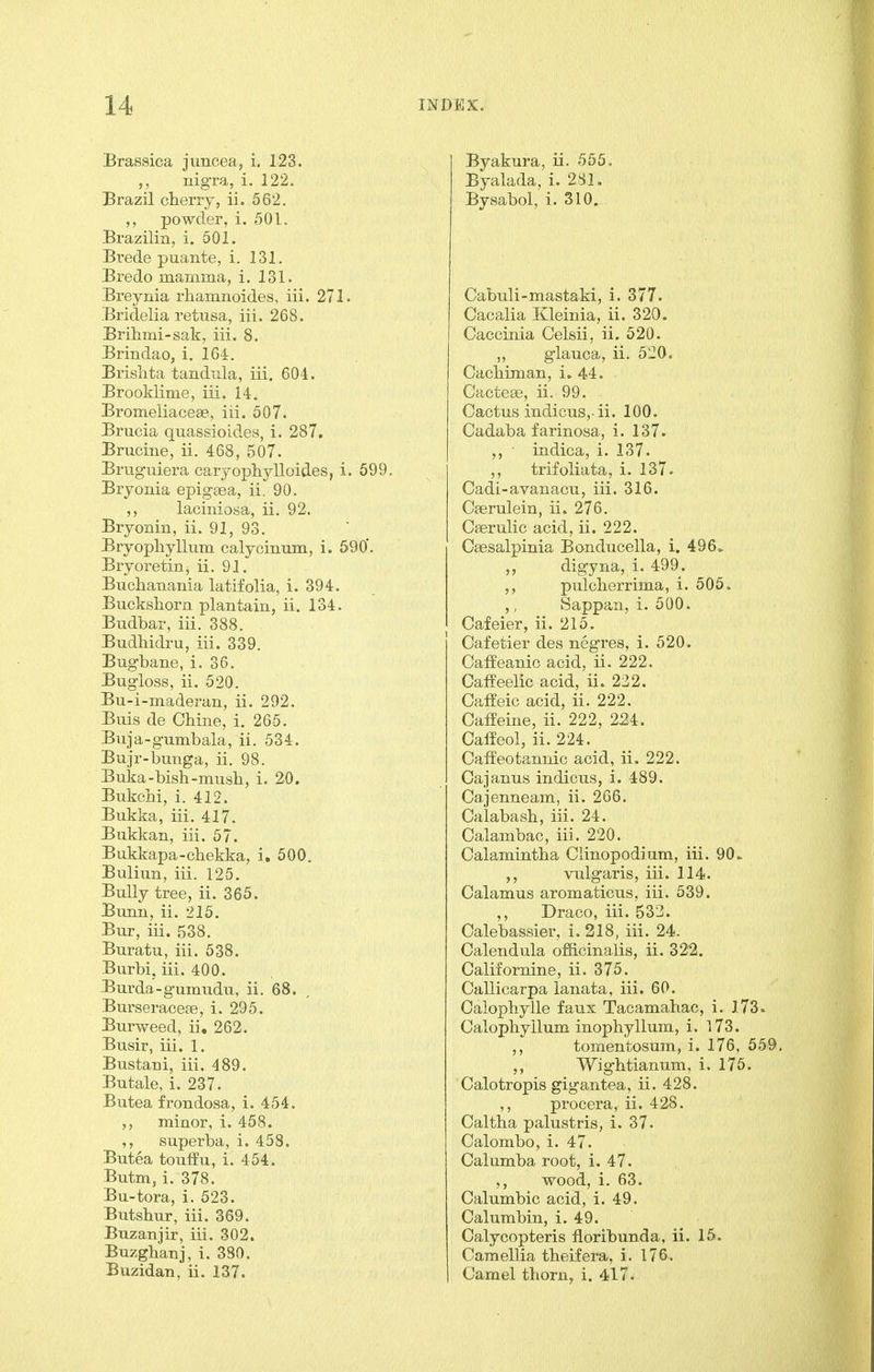 Brassica juncea, i, 123. ,, nigra, i. 122. Brazil cherry, ii. 562. ,, powder, i. 501. Brazilin, i. 501. Brede puante, i. 131. Bredo mamma, i. 131. Breynia rhamnoides, iii. 271. Bridelia retusa, iii. 268. Brihmi-sak, iii. 8. Brindao, i. 164. Brislita tandula, iii. 604. Brooklime, iii. 14. Bromeliaceae, iii. 507. Brucia quassioides, i. 287. Brucine, ii. 468, 507. Bruguiera caryophylloides, i. 599. Bryonia epigaea, ii. 90. ,, laciniosa, ii. 92. Bryonin, ii. 91, 93. Bryopliyllum calycinum, i. 590. Bryoretin, ii. 91. Buchanania latifolia, i. 394. Bucksliorn plantain, ii. 134. Budbar, iii. 388. Budhidru, iii. 339. Bugbane, i. 36. Bugloss, ii. 520. Bu-i-maderan, ii. 292. Buis de Chine, i. 265. Buja-gumbala, ii. 534. Bujr-bunga, ii. 98. Buka-bish-musb, i. 20. BukcM, i. 412. Bukka, iii. 417. Bukkan, iii. 57. Bukkapa-cbekka, i. 500. Buliun, iii. 125. Bully tree, ii. 365. Bunn, ii. 215. Bur, iii. 538. Buratu, iii. 538. Burbi, iii. 400. Burda-gumudu, ii. 68. , Burseracese, i. 295. Burweed, ii. 262. Busir, iii. 1. Bustani, iii. 489. Butale, i. 237. Butea frondosa, i. 454. ,, minor, i. 458. superba, i. 458. Butea touffu, i. 454. Butm, i. 378. Bu-tora, i. 523. Butsbur, iii. 369. Buzanjir, iii. 302. Buzgbanj, i. 380. Buzidan, ii. 137. Byakura, ii. 555 Byalada, i. 281. Bysabol, i. 310. Cabuli-mastaki, i. 377. Cacalia Kleinia, ii. 320. Caccinia Celsii, ii. 520. „ glauca, ii. 520. Cacbiman, i. 44. Cactese, ii. 99. Cactus indicus,-ii. 100. Cadaba farinosa, i. 137. ,, indica, i. 137. ,, trifoliata, i. 137. Cadi-avanacu, iii. 316. Cserulein, ii. 276. Caerulic acid, ii. 222. Caesalpinia Bonducella, 1. 496> digyna, i. 499. ,, pulcberrima, i. 505. ,, Sappan, i. 500. Cafeier, ii. 215. Cafetier des negres, i. 520. CafEeanic acid, ii. 222. Caffeelic acid, ii. 232. Caffeic acid, ii. 222. Caffeine, ii. 222, 224. Caffeol, ii. 224. Caffeotannic acid, ii. 222. Cajanus indicus, i. 489. Cajenneam, ii. 266. Calabash, iii. 24. Calambac, iii. 220. Calamintha Clinopodium, iii. 90* vulgaris, iii. 114. Calamus aromaticus, iii. 539. ,, Draco, iii. 533. Calebassier, i. 218, iii. 24. Calendula officinalis, ii. 322. Californine, ii. 375. Callicarpa lanata, iii. 60. Calophylle faux Tacamahac, i. 173. Calophyllum inophyllum, i. 173. ,, tomentosum, i. 176, 559. ,, Wightianum, i. 175. Calotropis gigantea, ii. 428. ,, procera, ii. 428. Caltha palustris, i. 37. Calombo, i. 47. Calumba root, i. 47. ,, wood, i. 63. Calumbic acid, i. 49. Calumbin, i. 49. Calycopteris floribunda, ii. 15. Camellia theifera, i. 176. Camel thorn, i. 417.