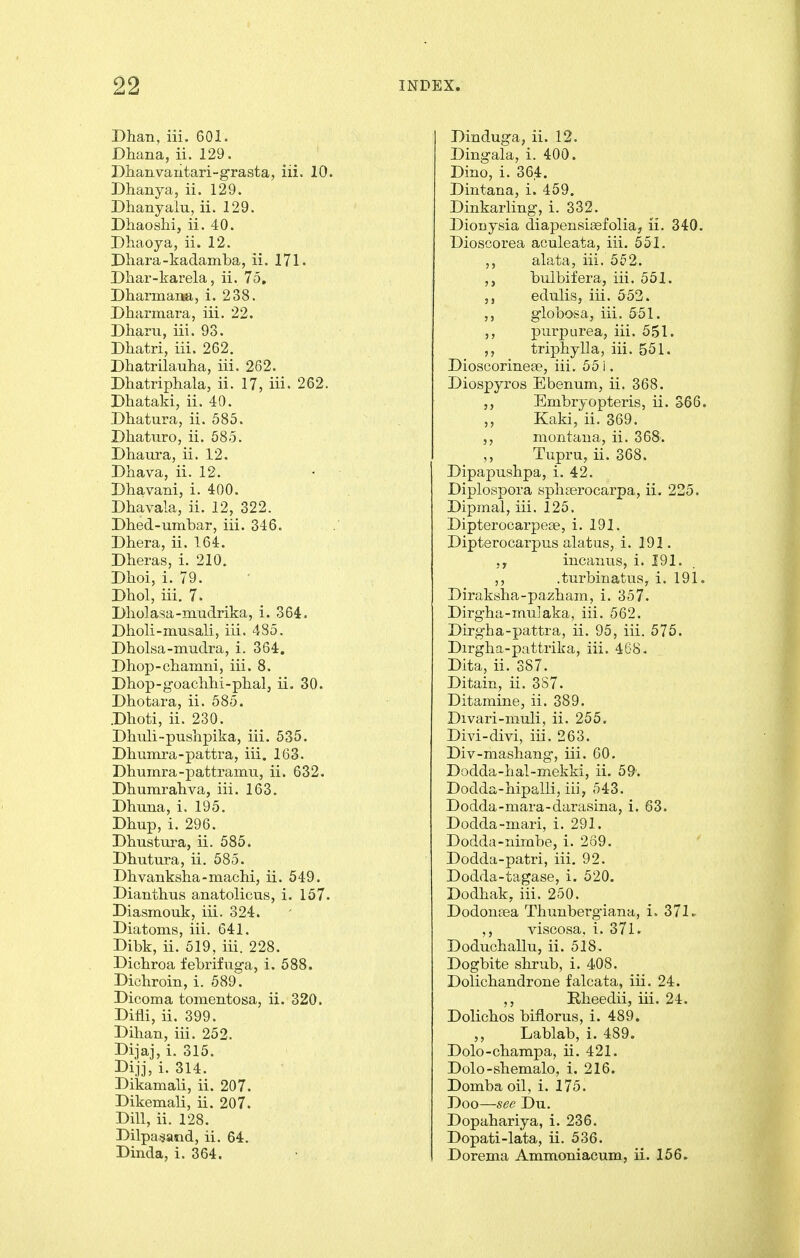 Dhan, iii. 601. Dhana, ii. 129. Dhanvantari-grasta, iii. 10. Dhanya, ii. 129. Dhanyalu, ii. 129. Dliaoshi, ii. 40. Dhaoya, ii. 12. Dhara-kadamba, ii. 171. Dhar-karela, ii. 75, Dharmana, i. 238. Dharmara, iii. 22. Dliaru, iii. 93. Dhatri, iii. 262. Dhatrilauha, iii. 262. Dhatriphala, ii. 17, iii. 262. Dhataki, ii. 40. Dhatura, ii. 585. Dhaturo, ii. 585. Dhaura, ii. 12. Dhava, ii. 12. Dhavani, i. 400. Dhavala, ii. 12, 322. Dhed-umbar, iii. 346. Dhera, ii. 164. Dheras, i. 210. Dhoi, i. 79. Dhol, iii. 7. Dholasa-mndrika, i. 364. Dholi-musali, iii. 485. Dholsa-mudra, i. 364. Dhop-chamni, iii. 8. Dhop-goacMii-phal, ii. 30. Dhotara, ii. 585. .Dhoti, ii. 230. Dlmli-pushpika, iii. 535. Dhumra-pattra, iii. 163. Dhumra-pattramu, ii. 632. Dhumraliva, iii. 163. Dhuna, i. 195. Dhup, i. 296. Dhustura, ii. 585. Dbutura, ii. 585. Dhvanksha-machi, ii. 549. Diantlius anatolicus, i. 157. Diasmouk, iii. 324. Diatoms, iii. 641. Dibk, ii. 519, iii. 228. Dicbroa febrifuga, i. 588. Dichroin, i. 589. Dicoma tomentosa, ii. 320. Difli, ii. 399. Dihan, iii. 252. Dijaj, i. 315. Dijj, i. 314. Dikamali, ii. 207. Dikemali, ii. 207. Dill, ii. 128. Dilpa^and, ii. 64, Dinda, i. 364. Dinduga, ii. 12. Dingala, i. 400. Dino, i. 364. Dintana, i. 459. Dinkarling, i. 332. Dioiiysia diapensisefolia, ii. 340. Dioscorea aculeata, iii. 551. ,, alata, iii. 552. bulbifera, iii. 551. edulis, iii. 553. globosa, iii. 551. purpurea, iii. 551. triphylla, iii. 551. Dioscorineae, iii. 551. Diospyros Ebenum, ii. 368. Embryopteris, ii. 366. ,, Kaki, ii. 369. montana, ii. 368. ,, Tupru, ii. 368. Dipapushpa, i. 42. Diplospora spbterocarpa, ii. 225. Dipmal, iii. 125. Dipterocarpese, i. 191. Dipterocarpus alatus, i. 191. 5, incaniis, i. 191. 5, .turbinatus, i. 191. Diraksha-pazham, i. 357. Dirgha-mulaka, iii. 562. Dirgha-pattra, ii. 95, iii. 575. Dirgba-pattrika, iii. 468. Dita, ii. 387. Ditain, ii. 3S7. Ditamine, ii. 389. Divari-muli, ii. 255. Divi-divi, iii. 263. Div-mashang, iii. 60. Dodda-bal-mekki, ii. 59'. Dodda-bipalli, iii, 543. Dodda-mara-darasina, i. 63. Dodda-mari, i. 291. Dodda-nimbe, i. 269. Dodda-patri, iii. 92. Dodda-tagase, i. 520. Dodbak, iii. 250. Dodonsea Thunbergiana, i. 371.. viscosa, i. 371» Doduohallu, ii. 518. Dogbite sbrub, i. 408. Dolicbandrone falcata, iii. 24. E/beedii, iii. 24. Dolicbos bifiorus, i. 489. ,, Lablab, i. 489. Dolo-cbampa, ii. 421. Dolo-sbemalo, i. 216. Domba oil, i. 175. Doo—sec Du, Dopahariya, i. 236. Dopati-lata, ii. 536. Dorema Ammoniacum, ii. 156.