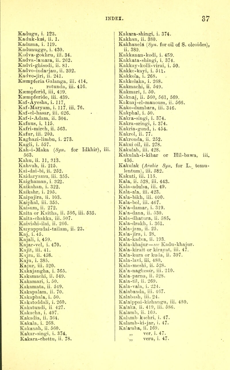 Kadugu, i. 123. Kaduk-kai, ii. 1. Kaduma, i. 119. Kadunug-ge, i. 430. Kadva-gokhru, iii. 34:, Kadva-lamara, ii. 262. Kadvi-ghisodi, ii. 81. Kadvo-iiidarjau, ii. 392. Kadvo-jiri, ii. 241. Ksempferia Galanga, iii. 414. ,, rotunda, iii. 41G. Keempferid, iii. 439. Ksempferide, iii. 439. Kaf-Ayesha, i. 117. Kaf-Maryam, i. 117, iii. 76. Kaf-el-hasar, iii. 626. Kaf-i-Adam, ii. 304. Kafnus, i. 115. Kafri-mirch, ii. 563. Kafur, iii. 200. Kaghazi-limbu, i. 273. Kagli, i. 557. Kah-i-Maka {Si/n. for Idkhir), iii, 563. Kahu, ii. 11, 313. Kahvah, ii. 215. Kai-dai~bi, ii. 252. Kaidaryamu, iii. 355. KaighamaD, i. 322. Kaikahan, i. 322. Kaikahr, i. 195. Kaipajira, ii. 103. Kaipiial, iii. 355. Kaisiim, ii. 272. Kaita or Kaitha, ii. 586, iii. 535. Kaita-chakka, iii. 507. Kaivishi-ilai, ii. 266. Kaiyappudai-tailam, ii. 23. Kaj, i. 45. Kajali, i. 459. Kajar-vel, i. 470. Kaj it, iii. 41. Kajra, ii. 458. Kaju, i. 385. Kajur, iii. 520. Kakajangha, i. 365. Kakamachi, ii. 549. Kakamari, i. 50. Kakamata, ii. 549. Kakapalam, ii. 70. Kakapliala, i. 50. Kakatoddali, i. 260. Kakatundi, ii. 427. Kakacha, i. 497. Kakadia, ii. 364. Kakala, i. 268. Kakanah, ii. 560. Kakar-singi, i, 374. Kakara-chettu, ii. 78. Kakara-shingi, i. 374. Kakhan, ii. 380. Kakhanela [Syn. for oil of S. oleoides), ii. 380. Kakkacan-kodi, i. 4,59, Kakkata-shingi, i. 374. Kakkay-kolli-virai, i. 50. Kakke-kayi, i, 511, Kakkola, i. 268. Kakkolaka, i. 268. Kakmachi, ii. 549. Kakmari, i. 50. Kaknaj, ii. 500, 561, 569. Kakaaj-el-mauourn, ii. 566. Kako-dumbara, iii. 346. Kakphal, i. 50. Kakra-singi, i. 374. Kakra-sringi, i. 374. Kakria-gond, i. 454. Kakrol, ii. 77. Kakronda, ii. 252. Kakui oil, iii. 278. Kakulah, iii. 428. Kakulah-i-kibar or Hil-bawa, iii. 436. Kakulak {Arabic Syn. for L._ temu- lentum), iii. 582. Kakuti, iii. 115. Kala, ii. 528, iii. 443. Kala-adulsa, iii. 49. Kala-ala, iii. 423. Kala-bikb, iii. 400. Kala-bol, iii. 467. Ka^a-damar, i. 319. Kala-dana, ii. 530. Kala-dhatiira, ii. 585» Kala-drakh, i. 361. Kala-jam, ii. 25. Kala-jira, i. 28. Kala-kadva, ii. 193. Kala - kb a j ur—see Kadii - kha j ur. Kala-kirait or kirayat, iii. 47. Kala-kara or kuda, ii. 397. Kala-lavi, iii. 480. Kala-meshi, ii. 528. Ka^a-nagkesar, iii. 210. Kala-parna, ii. 528. Kala-til, ii. 269. Kala-vala, i. 224. Kalabauda, iii. 467. Kalabasb, iii. 24. Kalaippai-kizliangu, iii. 480. Kalaka, ii. 419, iii. 586. Kalamb, ii. 16'J. Kalamb kicbri, i. 47. Kalamb-ki-jar, i. 47. Kalamba, ii. 169. ,, ver, i. 47. veini, i. 47.
