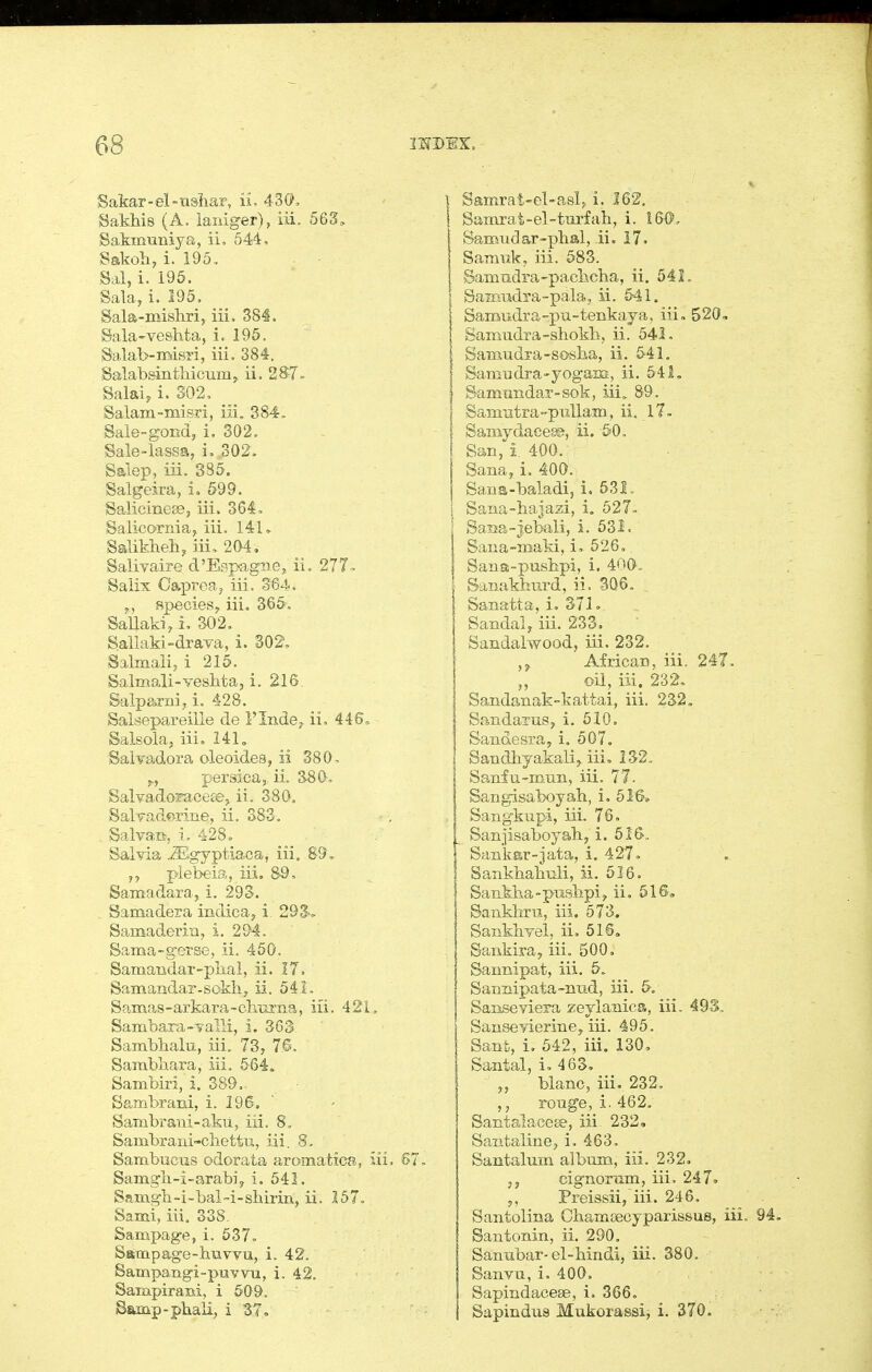 Sakar-el-ushar, ii. 439, BakM8 (A. laniger), iii. 563, Sakmuniya, ii, 544, Sakoh, i. 195, Sal, i. 196. Sala, i. 195. Sala-mishri, iii, 384. Sala-ve&hta, i. 195. Salab-misri, iii. 384. Salabsinthicum^ ii. 2S7~ Salaij i. S02. Salam-misri, iii, 384, Saie-gond, i, 302, Sale-lassa, i. o02. Salep, iii. 385. Salgeira, i. 599. Salicinese, iii. 364, Balicornia, iii. 14U Salikheli, iii, 204, Salivaire d'Eapagnej ii. 277^ 8alix Caproa, iii. 384, y, speciesy iii. 365, SaUaki, i, 302. SaUaki-draTa, i. 302; Salmali, i 215. Salmali-yeslata, i, 216 Salpami, i. 428. Salsepareille de Flnde^ ii. 446. Salsola, iii. 141, SalTadora oleoidea, ii 380, ^, persica, ii. 35 SalvadoFacete, ii, 380. SalYadorine, ii. 383, Salvaitt, i, 428. Salvia ^gyptiaca, iii. S9» plebeiffi, iii. S9, Samadara, i. 293. . Samadera indica^ i 293-^ Samaderiay i. 294. Sama-gerse, ii. 450. Samaiidar-plial, ii. 17. Samandar-sokh, ii. 54.L Samas-arkara-ch-arna, iii. 421, Sambara--?alli, i. 363 Sambhalu, iii. 73, 76. Sambhara, iii, 564. Sambiri, i. 389. Sambrani, i. 196.  Sambraui-aku, iii. 8, Sambrani-cliettu, iii. 8, Sambucus odorata aromatic^, iii, Samgh-i-arabiy i. 541. Sarngb-i-bal-i-shii-in, ii. 157, Sami, iii. 338. Sampage, i. 537, Sacapage-buvvu, i. 42. Sampangi-puvvu, i, 42. Sampiram, i 509. Samp-phali, i B7« Samrat-el-asl, i. 162. Samrat-el-tm-fab, i. 160, Samudar-pbal, ii. 17. Saraukj iii. 583. Samudra-pacbcha, ii. 541. Samudra-pala, ii. 641. Samudra-pu-teBkaya, iii» 520.. Samudra-shokb, ii. 541, Samudra-soslia, ii. 541, Samudra-yogaua, ii. 541, Samundar-sok, iii. 89. Samntra -puUam, ii. 17 - Samydaeese, ii. 50, San, i. 400. Sana, i. 400. Sana-baladi, i. 531, Sana-bajazi, i. 527» Sasa-Jebali, i, 531. Sana-naaki, i, 526, Sana-pusbpi, i. 4^0', Sanakhnrd, ii. 306, Sanatta, i. 371» Sandal, iii. 233. Sandalwood, iii. 232. ,j African, iii. 247 oil, iii. 232, Sandanak-kat.tai, iii. 232, Sandaxus, i. 510. Sandesra, i. 507. Sandbyakali, iii. 132, Saniu-mnn, iii. 77. Sangisaboyah, i. 516, Sangkupi, iii. 76. Sanjisaboyab, i. 6M„ Sankar-jata, i. 427» Sankbabuli, ii. 516. Sankha-pnslipi^ ii, 516, Sankhru, iii. 573. Sankbyel, ii, 516. Sankira, iii, 500, Sannipat, iii. 5, Sannipata-nud, iii. 5. Sanseviera zeylanics, iii, Sanseyierine, iii. 495, Sant, i, 542, iii. 130, Santal, i, 463. „ blanc, iii, 232, rouge, i. 462, SantalacGEe, iii 232, Santaline, i. 463, Santalum album, iii. 232, J, cignorum, iii. 247» 5, Preissii, iii. 246. Santolina Cbamsecyparissus, i Santonin, ii. 290, Sanubar-el-bindi, iii. 380. Sanvu, i. 400. Sapindacese, i. 366, Sapindus Mukorassi, i. 370,