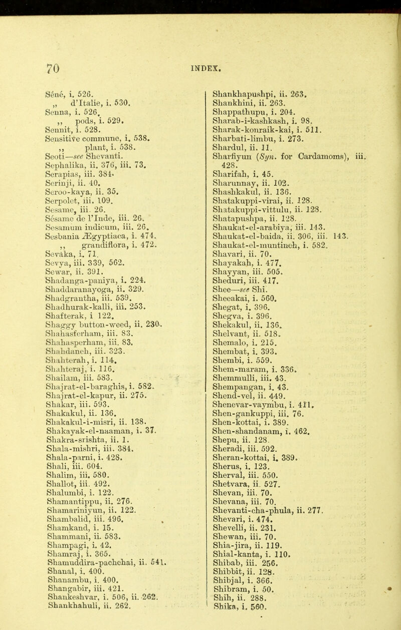 Sene, I 626. „ d'ltaiie, i. 630. Senna, i. 526, pods, i. 629. Sennit, i. 528. Sensitive commune, i. 538. plant, i. 538. Seoti—see Shevanti. Sephalika, ii. 376, iii. 73. Serapias, iii. 384:« Serinji, ii. 40. Seroo-kaya, ii. 35. Serpolet, lii. 109. Sesame, iii. 26, Sesame de I'lnde, iii. 26. Sesamum indicum, iii. 26, Sesbania ^gyptiaca, i. 474. grandiflora, i. 472. Sevaka, i. 71. Sevya, iii. 339, 562. Sewar, ii. 391. Shadanga-paniya, i. 224. Shaddaranayo-ga, ii. 329. Sliadgrantha, iii. 539. Shadhurak-kalli, iii. 253. Shafterak, i 122. Shaggy button-weed, ii. 230. Sbahasferham, iii. 83. Sbabasperham, iii. 83. Shabdaneh, iii. 323. Sbahterab, i. 114, Shahteraj, i. 116. Shailam, iii. 583. Sliajrat-el-baraghis, i. 582. Shajrat-el-kapur, ii. 275. Shakar, iii. 593. Shakakid, ii. 136. Sbakakid-i-misri, ii. 138. Shakayak-el-naaman, i. 37. Shakra-srishta, ii. 1. Shala-mishri, iii. 384. Shala-parni, i. 428. Shali, iii. 604. Shalim, iii. 580. Shallot, iii. 492. Shalumbi, i. 122. Shamantippu, ii. 27,6. Shamariniyun, ii. 122. Sbambalid, iii. 496. Shamkand, i. 15. Sbammani, ii. 583. Sbampagi, i. 42. Shamraj, i. 365. Sbamuddira-paclicliai, ii. 541. Shanal, i. 400. Sbanambu, i. 400. Sbangabir, iii. 421. Sbanke-sbvar, i. 506, ii. -262. Shankhahuli, ii. 262. Shankhapushpi, ii. 263, Shankhini, ii. 263. Shappathupu, i. 204. Sharab-i-kasbkasb, i. 98. Sharak-konraik-kai, i. 511. Sharbati-limbu, i. 273. Shardul, ii. 11. Sharfiyun {St/n. for Cardamoms), iii. 428. Sharif ah, i. 45. Sharunnay, ii. 103. Shashkakul, ii. 136. Shatakuppi-virai, ii. 128. Shatakuppi-vittulu, ii. 128. Shatapushpa, ii. 128. Shaukat-el-arabiya, iii. 143. Shaukat-el-baida, ii. 306, iii. 143, Shaukat-el-muntineh, i. 582. Shavari, ii. 70. Shayakah, i. 477. Shayyan, iii. 505. Sheduri, iii. 417. Shee—see Shi. Sheeakai, i. 560. Shegat, i. 396. Shegva, i. 396. Shekakul, ii. 136. Shelvant, ii. 518» Shemalo, i. 215. Shembat, i. 393. Shembi, i. 559. Shem-maram, i. 336. Shemmulli, iii. 43. Shempangan, i. 43. Shend-vel, ii. 449. Shenevar-vaymbu, i. 411, Shen-gankuppi, iii. 76. Shen-kottai, i. 389. Shen-shandanam, i. 462. Shepu, ii, 128. Sheradi, iii. 592. Sheran-kottai, i. 389. Sherus, i. 123. Sherval, iii. 550. Shetvara, ii. 527. Shevan, iii. 70. Shevana, iii, 70. Shevanti-cha-phula, ii. 277. Shevari, i. 474. Shevelli, ii. 231. She wan, iii. 70. Shia-jira, ii. 119. Shial-kanta, i. 110. Shibab, iii. 256. Shibbit, ii. 128. Shibjal, i. 366. Shibram, i. 50. Shih, ii. 288. Shika, i. 560.