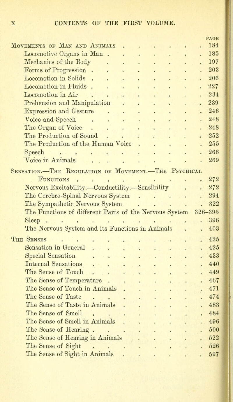 PAGE Movements of Man and Animals 184 LocomotiYe Organs in Man 185 Mechanics of the Eody 197 Porms of Progression . . . . . . . .203 Locomotion in Solids ........ 206 Locomotion in Fluids 227 Locomotion in Air .234 Prehension and Manipulation 239 Expression and Gresture ....... 246 Voice and Speech . 248 The Organ of Voice 248 The Production of Sound 252 The Production of the Human Voice 255 Speech 266 Voice in Animals 269 Sensation.—The Eegulation of Movement.—The Psychical Functions 272 Nervous Excitability.—Conductility.—Sensibility . . 272 The Cerebro-Spinal Nervous System 294 The Sympathetic Nervous System . . . . .322 The Functions of different Parts of the Nervous System 326-395 Sleep 396 The Nervous System and its Functions in Animals . . 403 The Senses 425 Sensation in Greneral 425 Special Sensation 433 Internal Sensations . . , 440 The Sense of Touch 449 The Sense of Temperature 467 The Sense of Touch in Animals 471 The Sense of Taste .474 The Sense of Taste in Animals 483 The Sense of Smell 484 The Sense of Smell in Animals 496 The Sense of Hearing 500 The Sense of Hearing in Animals ..... 522 The Sense of Sight 526 The Sense of Sight in Animals 597
