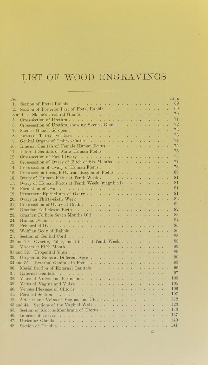 LIST OF WOOD ENGRAVINGS. Fig. page 1. Section of Foetal Babbit 69 2. Section of Posterior Part of Foetal Babbit 69 3 and 4. Skene's Urethral Glands 70 5. Cross-section of Urethra 71 6. Cross-section of Urethra, showing Skene's Glands 72 7. Skene's Gland laid open 72 8. Foetus of Thirty-five Days 73 9. Genital Organs of Embryo Cattle 74 10. Internal Genitals of Female Human Foetus 75 • 11. Internal Genitals of Male Human Foetus 75 12. Cross-section of Foetal Ovary 76 13. Cross-section of Ovary of Bitch of Six Months 77 14. Cross section of Ovary of Human Foetus 78 15. Cross-section through Ovarian Begion of Foetus 80 16. Ovary of Human Foetus at Tenth Week 81 17. Ovary of Human Foetus at Tenth Week (magnified) 81 18. Formation of Ova 81 19. Permanent Epithelium of Ovary 81 20. Ovary in Thirty-sixth Week 82 21. Cross-section of Ovary at Birth 82 22. Graafian Follicles at Birth 82 23. Graafian Follicle Seven Months Old 83 24. Human Ovum 84 25. Primordial Ova 85 26. Wolffian Body of Babbit 86 27. Section of Genital Cord 88 28 and 29. Ovaries, Tubes, and Uterus at Tenth Week 88 30. Viscera at Fifth Month 89 31 and 32. Urogenital Sinus 89 33. Urogenital Sinus at Different Ages 90 34 and 35. External Genitals in Fwtus 93 36. Mesial Section of External Genitals 96 37. External Genitals 97 38. Veins of Vulva and Perineum 103 39. Veins of Vagina and Vulva 105 40. Venous Plexuses of Clitoris 106 41. Perineal Septum 107 42. Arteries and Veins of Vagina and Uterus 122 43 and 44. Sections of the Vaginal Wall 123 45. Section of Mucous Membrane of Uterus 136 46. Interior of Cervix 137 47. Utricular Glands 140 48. Section of Decidua 141