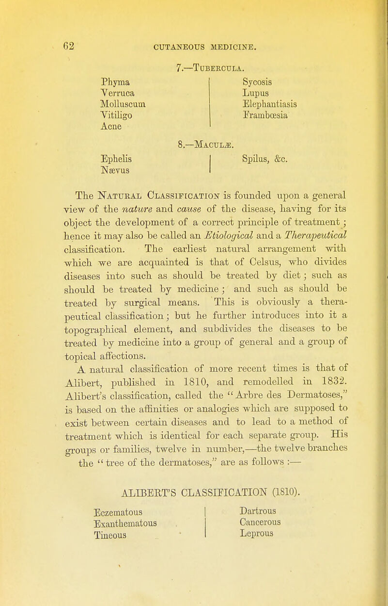 7.—TUBERCULA. Phyma Verruca MoUuscum Yitiligo Acne Eplielis Nsevus 8.—Macule. Sycosis Lupus Elephantiasis Eramboesia Spilus, &c. The Natural Classification is founded upon a general view of the nature and cause of the disease, having for its object the development of a correct principle of treatment; hence it may also be called an Etiological and a Thera2)eutical classification. The earliest natural arrangement with which we are acquainted is that of Celsus, who divides diseases into such as should be treated by diet; such as shotdd be treated by medicine ; and such as shoidd be treated by surgical means. This is obviously a thera- peutical classification; but he further introduces into it a topographical element, and subdivides the diseases to be treated by medicine into a group of general and a group of topical affections. A natural classification of more recent times is that of Alibert, published in 1810, and remodelled in 1832. Alibert's classification, called the  Arbre des Dermatoses, is based on the affinities or analogies which are supposed to exist between certain diseases and to lead to a method of treatment which is identical for each separate group. His groups or families, twelve in number,—the twelve branches the  tree of the dermatoses, are as follows :— ALIBERT'S CLASSIEICATION (1810). Eczematous Exantliematous Tineous Dartrous Cancerous Leprous