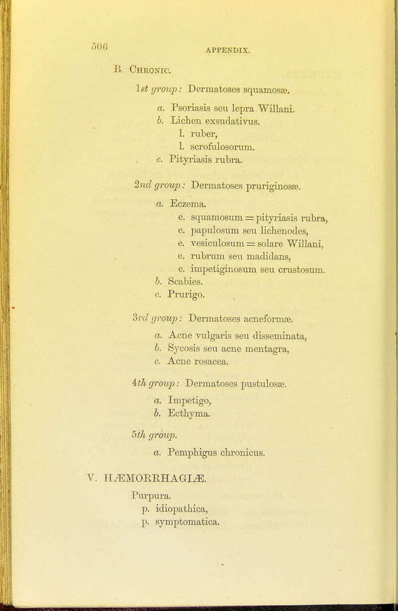 50G APPENDIX. B. Chronic. 1 st group: Dermatoses squamosa. a. Psoriasis seu lepra Willani. b. Lichen exsudativus. 1. ruber, 1. scrofulosorum. c. Pityriasis rubra. 2nd group: Dermatoses pruriginosse. a. Eczema. e. squamosum = pityriasis rubra, e. papulosum seu lichenodes, e. vesiculosum = solare Willani, e. rubrum seu madidans, e. iinpetiginosum seu crustosum. b. Scabies. c. Prurigo. 3rd group: Dermatoses acneformce. a. Acne vulgaris seu chsseminata, b. Sycosis seu acne mentagra, c. Acne rosacea. Ath group>: Dermatoses pustulosse. a. Impetigo, b. Ecthyma. 5 th group. a. Pemphigus chronicus. V. HEMORRHAGIC. Purpura. p. idiopathica, p. symptomatica.