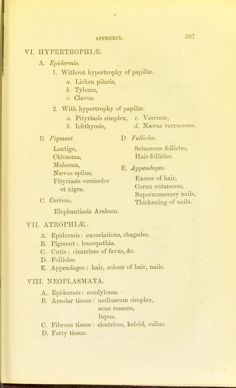VI. HYPERTROPHIC. A. Epidermis. 1. Without hypertrophy of papillae. a. Lichen pilaris, b. Tyloma, c. Clavus. 2. With hypertrophy of papillae. a. Pityriasis simplex, c. Vemicse, b. Ichthyosis, d. Naevus verrucosus. B. Pigment. D. Follicles. Lentigo, Sebaceous follicles, Chloasma, Hair-follicles. Melasma, _ R Appendages. Nsevus spilus, Pityriasis versicolor Excess of hau' et nigra. Cornu cutaneum, Supernumerary nails, C. Corium. Thickening of nails. Elephantiasis Arabum. VII. ATROPHIC A. Epidermis: excoriations, rhagades. B. Pigment: leucopathia. C. Cutis : cicatrices of favus, &c. D. Follicles. E. Appendages : hair, colour of hair, nails. VIII. NEOPLASMATA. A. Epidermis: condyloma. B. Areolar tissue: molluscum simplex, acne rosacea, lupus. C. Fibrous tissue : cicatrices, keloid, callus. D. Fatty tissue.