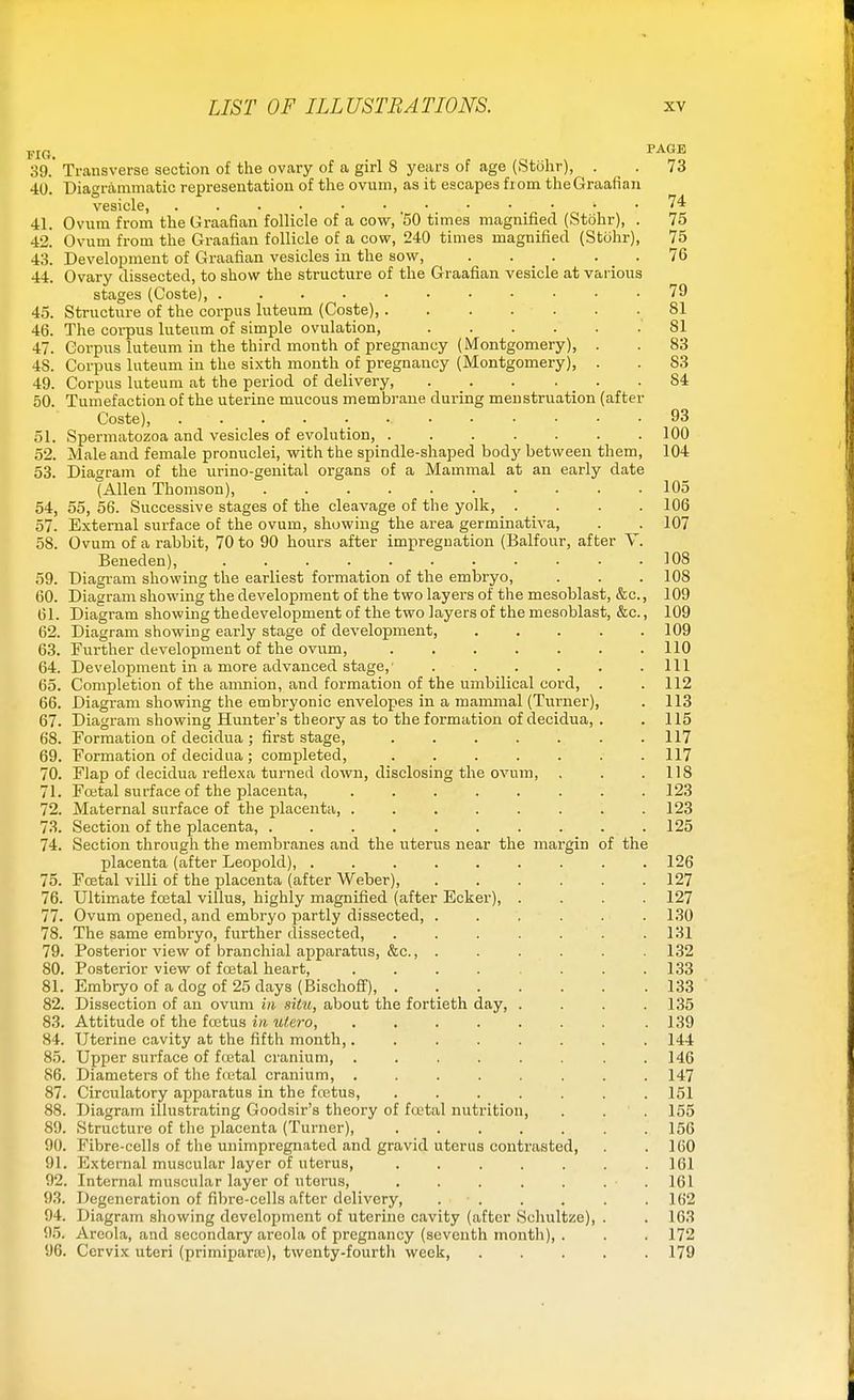 PAGE 73 FIG. 39. Transverse section of the ovary of a girl 8 years of age (Stohr), . 40. Diagrammatic representation of the ovum, as it escapes from the Graafian vesicle, 41. Ovum from the Graafian follicle of a cow, '50 times magnified (Stohr), . 42. Ovum from the Graafian follicle of a cow, 240 times magnified (Stohr), 43. Development of Graafian vesicles in the sow, 44. Ovary dissected, to show the structure of the Graafian vesicle at various stages (Coste), 45. Structure of the corpus luteum (Coste), 46. The corpus luteum of simple ovulation, 47. Corpus luteum in the third month of pregnancy (Montgomery), . 4S. Corpus luteum in the sixth month of pregnancy (Montgomery), . 49. Corpus luteum at the period of delivery, 50. Tumefaction of the uterine mucous membrane during menstruation (after Coste), . . . . 93 51. Spermatozoa and vesicles of evolution, 100 52. Male and female pronuclei, with the spindle-shaped body between them, 104 53. Diagram of the urino-genital organs of a Mammal at an early date °Allen Thomson), 105 54. 55, 56. Successive stages of the cleavage of the yolk, . _ . 57. External surface of the ovum, showing the area germinativa, 58. Ovum of a rabbit, 70 to 90 hours after impregnation (Balfour, after V. Beneden), ........... 59. Diagram showing the earliest formation of the embryo, 60. Diagram showing the development of the two layers of the mesoblast, &c, 61. Diagram showing the development of the two layers of the mesoblast, &c., 62. Diagram showing early stage of development, 63. Further development of the ovum, 64. Development in a more advanced stage,' .... 65. Completion of the amnion, and formation of the umbilical cord, 66. Diagram showing the embryonic envelopes in a mammal (Turner) 67. Diagram showing Hunter's theory as to the formation of decidua, 68. Formation of decidua ; first stage, ..... 69. Formation of decidua ; completed, ..... 70. Flap of decidua reflexa turned down, disclosing the ovum, 71. Foetal surface of the placenta, ...... 72. Maternal surface of the placenta, 73. Section of the placenta, ........ 74. Section through the membranes and the uterus near the margin of the placenta (after Leopold), ......... 126 75. Festal villi of the placenta (after Weber) 127 76. Ultimate foetal villus, highly magnified (after Ecker) 127 77. Ovum opened, and embryo partly dissected, ...... 130 78. The same embryo, further dissected, . . . . . . .131 79. Posterior view of branchial apparatus, &c, ...... 132 80. Posterior view of foetal heart, .... ... 133 81. Embryo of a dog of 25 days (Bischoff), 133 82. Dissection of an ovum in situ, about the fortieth day, .... 135 83. Attitude of the foetus in ulero, . . . . . . . .139 84. Uterine cavity at the fifth month,........ 144 85. Upper surface of foetal cranium, . . . . . . . .146 86. Diameters of the fretal cranium, ........ 147 87. Circulatory apparatus in the fcetus, ....... 151 88. Diagram illustrating Goodsir's theory of foetal nutrition, . . . 155 89. Structure of the placenta (Turner), ....... 156 90. Fibre-cells of the unimpregnated and gravid uterus contrasted, . .160 91. External muscular layer of uterus, 161 92. Internal muscular layer of uterus, . . . . . . . 161 93. Degeneration of fibre-cells after delivery, . . . . . . 162 94. Diagram showing development of uterine cavity (after Schultze), . . 163 95. Areola, and secondary areola of pregnancy (seventh month), . . . 172 96. Cervix uteri (primiparre), twenty-fourth week, ..... 179 74 75 75 76 79 81 SI 83 S3 S4 106 107 108 108 109 109 109 110 111 112 113 115 117 117 118 123 123 125