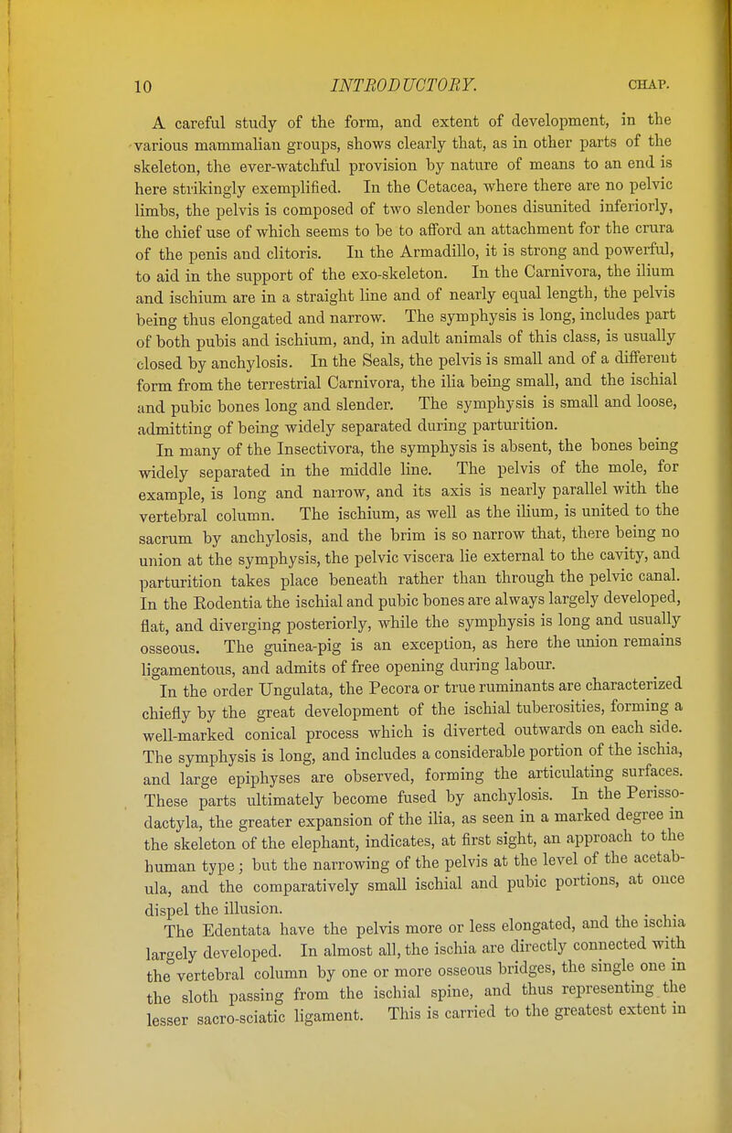 A careful study of the form, and extent of development, in the -various mammalian groups, shows clearly that, as in other parts of the skeleton, the ever-watchful provision by nature of means to an end is here strikingly exemplified. In the Cetacea, where there are no pelvic limbs, the pelvis is composed of two slender bones disunited inferiorly, the chief use of which seems to be to afford an attachment for the crura of the penis and clitoris. In the Armadillo, it is strong and powerful, to aid in the support of the exo-skeleton. In the Carnivora, the ilium and ischium are in a straight line and of nearly equal length, the pelvis being thus elongated and narrow. The symphysis is long, includes part of both pubis and ischium, and, in adult animals of this class, is usually closed by anchylosis. In the Seals, the pelvis is small and of a different form from the terrestrial Carnivora, the ilia being small, and the ischial and pubic bones long and slender. The symphysis is small and loose, admitting of being widely separated during parturition. In many of the Insectivora, the symphysis is absent, the bones being widely separated in the middle line. The pelvis of the mole, for example, is long and narrow, and its axis is nearly parallel with the vertebral column. The ischium, as well as the ilium, is united to the sacrum by anchylosis, and the brim is so narrow that, there being no union at the symphysis, the pelvic viscera lie external to the cavity, and parturition takes place beneath rather than through the pelvic canal. In the Eodentia the ischial and pubic bones are always largely developed, flat, and diverging posteriorly, while the symphysis is long and usually osseous. The guinea-pig is an exception, as here the union remains ligamentous, and admits of free opening during labour. In the order Ungulata, the Pecora or true ruminants are characterized chiefly by the great development of the ischial tuberosities, forming a well-marked conical process which is diverted outwards on each side. The symphysis is long, and includes a considerable portion of the ischia, and large epiphyses are observed, forming the articulating surfaces. These parts ultimately become fused by anchylosis. In the Perisso- dactyla, the greater expansion of the ilia, as seen in a marked degree m the skeleton of the elephant, indicates, at first sight, an approach to the human type j but the narrowing of the pelvis at the level of the acetab- ula, and the comparatively small ischial and pubic portions, at once dispel the illusion. . The Edentata have the pelvis more or less elongated, and the ischia largely developed. In almost all, the ischia are directly connected with the° vertebral column by one or more osseous bridges, the single one m the sloth passing from the ischial spine, and thus representing the lesser sacro-sciatic ligament. This is carried to the greatest extent in