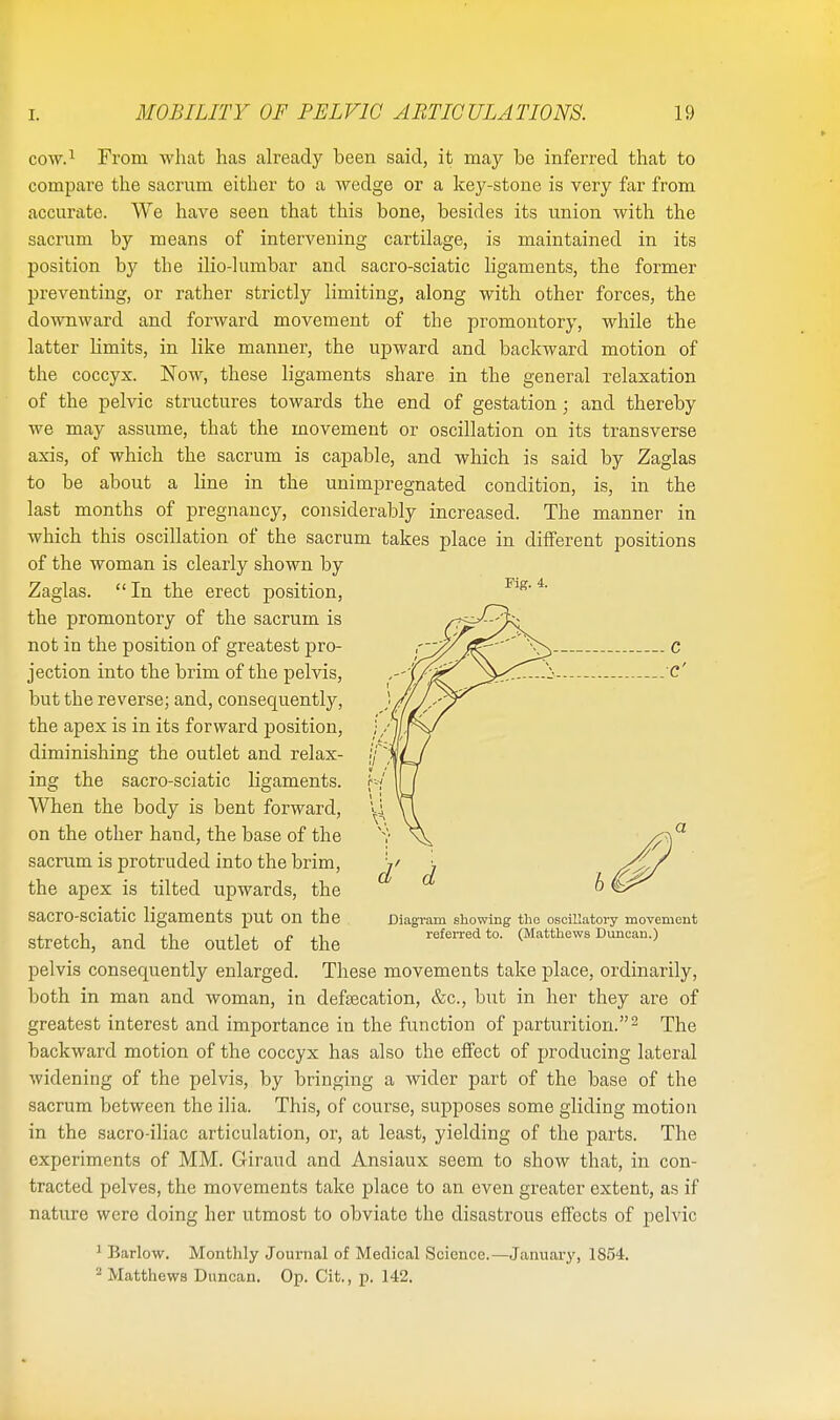 cow.1 From what has already been said, it may be inferred that to compare the sacrum either to a wedge or a key-stone is very far from accurate. We have seen that this bone, besides its union with the sacrum by means of intervening cartilage, is maintained in its position by the ilio-lumbar and sacro-sciatic ligaments, the former preventing, or rather strictly limiting, along with other forces, the downward and forward movement of the promontory, while the latter limits, in like manner, the upward and backward motion of the coccyx. Now, these ligaments share in the general relaxation of the pelvic structures towards the end of gestation; and thereby we may assume, that the movement or oscillation on its transverse axis, of which the sacrum is capable, and which is said by Zaglas to be about a line in the unimpregnated condition, is, in the last months of pregnancy, considerably increased. The manner in which this oscillation of the sacrum takes place in different positions of the woman is clearly shown by Zaglas Fig. 4. In the erect position, the promontory of the sacrum is not in the position of greatest pro- jection into the brim of the pelvis, but the reverse; and, consecmently, the apex is in its forward position, diminishing the outlet and relax- ing the sacro-sciatic ligaments. When the body is bent forward, on the other hand, the base of the sacrum is protruded into the brim, the apex is tilted upwards, the sacro-sciatic ligaments put on the stretch, and the outlet of the pelvis consequently enlarged. These movements take place, ordinarily, both in man and woman, in defecation, &c, but in her they are of greatest interest and importance in the function of parturition.2 The backward motion of the coccyx has also the effect of producing lateral widening of the pelvis, by bringing a wider part of the base of the sacrum between the ilia. This, of course, supposes some gliding motion in the sacro-iliac articulation, or, at least, yielding of the parts. The experiments of MM. Giraud and Ansiaux seem to show that, in con- tracted pelves, the movements take place to an even greater extent, as if nature were doing her utmost to obviate the disastrous effects of pelvic 1 Barlow. Monthly Journal of Medical Science.—January, 1S54. 2 Matthews Duncan. Op. Cit., p. 142. Diagram showing the oscillatory movement referred to. (Matthews Duncan.)