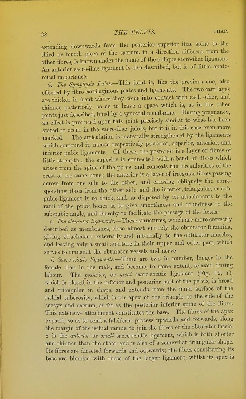 extending downwards from the posterior superior iliac spine to the third or fourth piece of the sacrum, in a direction different from the other fibres, is known under the name of the oblique sacro-iliac ligament. An anterior sacro-iliac ligament is also described, but is of little anato- mical importance. d. The Symphysis Pubis.—This joint is, like the previous one, also effected by fibro-cartilaginous plates and ligaments. The two cartilages are thicker in front where they come into contact with each other, and thinner posteriorly, so as to leave a space which is, as in the other joints just described, lined by a synovial membrane. During pregnancy, an effect is produced upon this joint precisely similar to what has been stated to occur in the sacro-iliac joints, but it is in this case even more marked. The articulation is materially strengthened by the ligaments which surround it, named respectively posterior, superior, anterior, and inferior pubic ligaments. Of these, the posterior is a layer of fibres of little strength; the superior is connected with a band of fibres which arises from the spine of the pubis, and conceals the irregularities of the crest of the same bone; the anterior is a layer of irregular fibres passing across from one side to the other, and crossing obliquely the corre- sponding fibres from the other side, and the inferior, triangular, or sub- pubic ligament is so thick, and so disposed by its attachments to the rami of the pubic bones as to give smoothness and roundness to the sub-pubic angle, and thereby to facilitate the passage of the foetus. e. The obturator ligaments.—These structures, which are more correctly described as membranes, close almost entirely the obturator foramina, giving attachment externally and internally to the obturator muscles, and leaving only a small aperture in their upper and outer part, which serves to transmit the obturator vessels and nerve. /. Sacro-sciatic ligaments—-These are two in number, longer in the female than in the male, and become, to some extent, relaxed during ' labour. The posterior, or great sacro-sciatic ligament (Fig. 12, i), which is placed in the inferior and posterior part of the pelvis, is broad and triangular in shape, and extends from the inner surface of the ischial tuberosity, which is the apex of the triangle, to the side of the coccyx and sacrum, as far as the posterior inferior spine of the ilium. This extensive attachment constitutes the base. The fibres of the apex expand, so as to send a falciform process upwards and forwards, along the margin of the ischial ramus, to join the fibres of the obturator fascia. 2 is the anterior or small sacro-sciatic ligament, which is both shorter and thinner than the other, and is also of a somewhat triangular shape. Its fibres are directed forwards and outwards; the fibres constituting its base are blended with those of the larger ligament, whilst its apex is