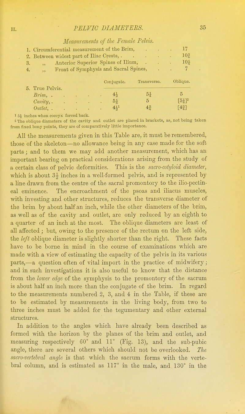 II. Measurements of the Female Pelvis. 1. Circumferential measurement of the Brim, ... 17 2. Between widest part of Iliac Crests, lOf 3. ,, Anterior Superior Spines of Ilium, . . . 10£ 4. ,, Front of Symphysis and Sacral Spines, . . 7 Conjugate. Transverse. Oblique. 5. True Pelvis. Brim, 4£ 5£ 5 Cavity, 6i 5 Outlet, ...... 4J1 4S m l 5J inches when coccyx forced back. - The oblique diameters of the cavity and outlet are placed in brackets, as, not being taken from fixed bony points, they are of comparatively little importance. All the measurements given in this Table are. it must be remembered, those of the skeleton—no allowance being in any case made for the soft parts; and to them we may add another measurement, which has an important bearing on practical considerations arising from the study of a certain class of pelvic deformities. This is the sacro-cotyloid diameter, which is about inches in a well-formed pelvis, and is represented by a line drawn from the centre of the sacral promontory to the ilio-pectin- eal eminence. The encroachment of the psoas and iliacus muscles, with investing and other structures, reduces the transverse diameter of the brim by about half an inch, while the other diameters of the brim, as well as of the cavity and outlet, are only reduced by an eighth to a quarter of an inch at the most. The oblique diameters are least of all affected; but, owing to the presence of the rectum on the left side, the left oblique diameter is slightly shorter than the right. These facts have to be borne in mind in the course of examinations which are made with a view of estimating the capacity of the pelvis in its various parts,—a question often of vital import in the practice of midwifery; and in such investigations it is also useful to know that the distance from the lower edge of the symphysis to the promontory of the sacrum is about half an inch more than the conjugate of tbe brim. In regard to the measurements numbered 2, 3, and 4 in the Table, if these are to be estimated by measurements in the living body, from two to three inches must be added for the tegumentary and other external structures. In addition to the angles which have already been described as formed with the horizon by the planes of the brim and outlet, and measuring respectively G0° and 11° (Fig. 13), and the sub-pubic angle, there are several others which should not be overlooked. The sacro-vertebral angle is that which the sacrum forms with the Arerte- bral column, and is estimated as 117° in the male, and 130° in the