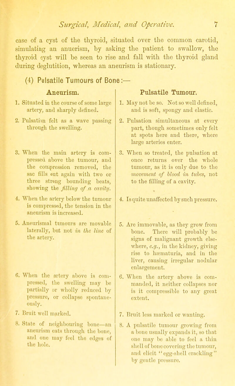 case of a cyst of the thyroid, situated over the comnion carotid, simulating au anuerism, by asking tlie patient to swallow, the thyroid cyst will he seen to rise and fall with the thyroid gland during deglutition, whereas an aneurism is stationary. (4) Pulsatile Tumours of Bone:— Aneurism. Situated in the course of some large artery, and sharply defined. Pulsation felt as a wave passing through the swelling. 3. When the main artery is com- pressed above the tumoni', and the compression removed, the sac fills out again with two or three strong bounding beats, showing the filling of a cavity. 4. When the artery below the tumour is compressed, the tension in the aneurism is increased. 5. Aneurismal tumours are movable laterally, but not in the Una of the artery. 6. When the artery above is conj- presscd, the swelling may be partially or wholly reduced liy pressure, or collapse spontane- ously. 7. Bruit well marked. 8. State of neighbouiing bone—an aneurism eats througli the bone, and one may feel the edges of the hole. Pulsatile Tumour. 1. May not be so. Not so well defined, and is soft, spongy and elastic. 2. Pulsation simultaneous at every part, though sometimes only felt at spots here and there, where large arteries enter. 3. When so treated, the pulsation at once returns over the whole tumour, as it is onlj^ due to the momment of blood in tubes, not to the filling of a cavity. 4. Is quite unaffected by sucli pressure. 5. Are immovable, as they grow from bone. There will probably be signs of malignant growth else- where, e.g., in the kidney, giving rise to hsematuria, and in the liver, causing irregular nodular enlargement. 6. When the artery above is com- manded, it neither collapses nor is it compressildo to any great extent. 7. Bruit less marked or wanting. 8. A pulsatile tumour growing from a bone usually expands it, so that onc! may lie able to feel a thin shell of bone covering the tumour, and elicit egg-shell (U-ackling by gentle pressure.