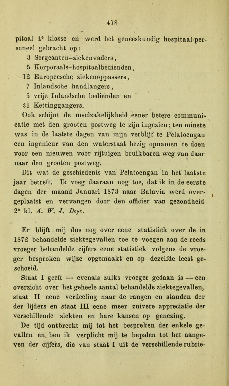 pitaal 4e klasse en werd het geneeskundig hospitaal-per- soneel gebracht op: 3 Sergeanten-ziekenvaders, 5 Korporaals-hospitaalbedienden, 12 Europeesche ziekenoppassers, 7 Inlandsche handlangers, 5 vrije Inlandsche bedienden en 21 Kettinggangers. Ook schijnt de noodzakelijkheid eener betere communi- catie met den grooten postweg te zijn ingezien; ten minste was in de laatste dagen van mijn verblijf te Pelatoengan een ingenieur van den waterstaat bezig opnamen te doen voor een nieuwen voor rijtuigen bruikbaren weg van daar naar den grooten postweg. Dit wat de geschiedenis van Pelatoengan in het laatste jaar betreft. Ik voeg daaraan nog toe, dat ik in de eerste dagen der maand Januari 1873 naar Batavia werd over- geplaatst en vervangen door den officier van gezondheid 2e kl. A. W. J, Veye. Er blijft mij dus nog over eene statistiek over de in 1872 behandelde ziektegevallen toe te voegen aan de reeds vroeger behandelde cijfers eene statistiek volgens de vroe- ger besproken wijze opgemaakt en op dezelfde leest ge- schoeid. Staat I geeft — evenals zulks vroeger gedaan is — een overzicht over het geheele aantal behandelde ziektegevallen, staat II eene verdeeling naar de rangen en standen der der lijders en staat III eene meer zuivere appreciatie der verschillende ziekten en hare kansen op genezing. De tijd ontbreekt mij tot het bespreken der enkele ge- vallen en. ben ik verplicht mij te bepalen tot het aange- ven der cijfers, die van staat 1 uit de verschillende rubrie-