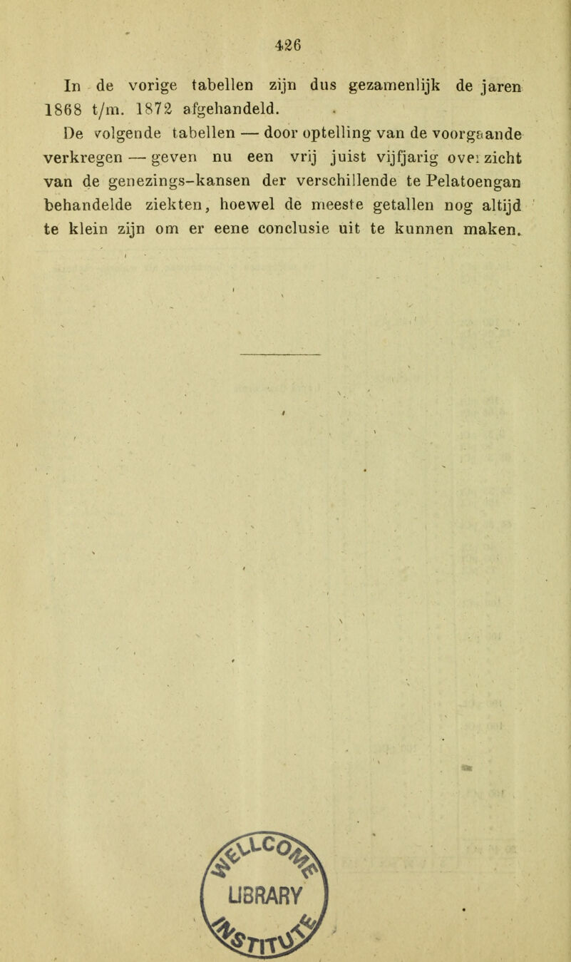 In de vorige tabellen zijn dus gezamenlijk de jaren 1868 t/m. 1872 afgehandeld. De volgende tabellen — door optelling van de voorgaande verkregen — geven nu een vrij juist vijfjarig ovei zicht van de genezings-kansen der verschillende te Pelatoengan behandelde ziekten, hoewel de meeste getallen nog altijd te klein zijn om er eene conclusie uit te kunnen maken.