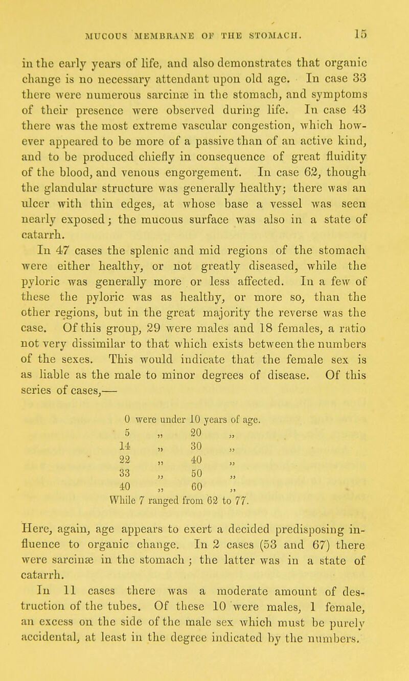 in the early years of life, and also demonstrates that organic change is no necessary attendant upon old age. In case 33 there were numerous sarcinse in the stomach, and symptoms of their presence were observed during life. In case 43 there was the most extreme vascular congestion, which how- ever appeared to be more of a passive than of an active kind, and to be produced chiefly in consequence of great fluidity of the blood, and venous engorgement. In case 62, though the glandular structure was generally healthy; there was an ulcer with thin edges, at whose base a vessel was seen nearly exposed; the mucous surface was also in a state of catarrh. In 47 cases the splenic and mid regions of the stomach were either healthy, or not greatly diseased, while the pyloric was generally more or less affected. In a few of these the pyloric was as healthy, or more so, than the other regions, but in the great majority the reverse was the case. Of this group, 29 were males and 18 females, a ratio not very dissimilar to that which exists between the numbers of the sexes. This would indicate that the female sex is as liable as the male to minor degrees of disease. Of this series of cases,— 0 were under 10 years of age. 5 „ 20 U ,, 30 22 „ 40 33 „ 50 40 „ GO While 7 ranged from 62 to 77. Here, again, age appears to exert a decided predisposing in- fluence to organic change. In 2 cases (53 and 67) there were sarcinse in the stomach ; the latter was in a state of catarrh. In 11 cases there was a moderate amount of des- truction of the tubes. Of these 10 were males, 1 female, an excess on the side of the male sex which must be purely accidental, at least in the degree indicated by the numbers.